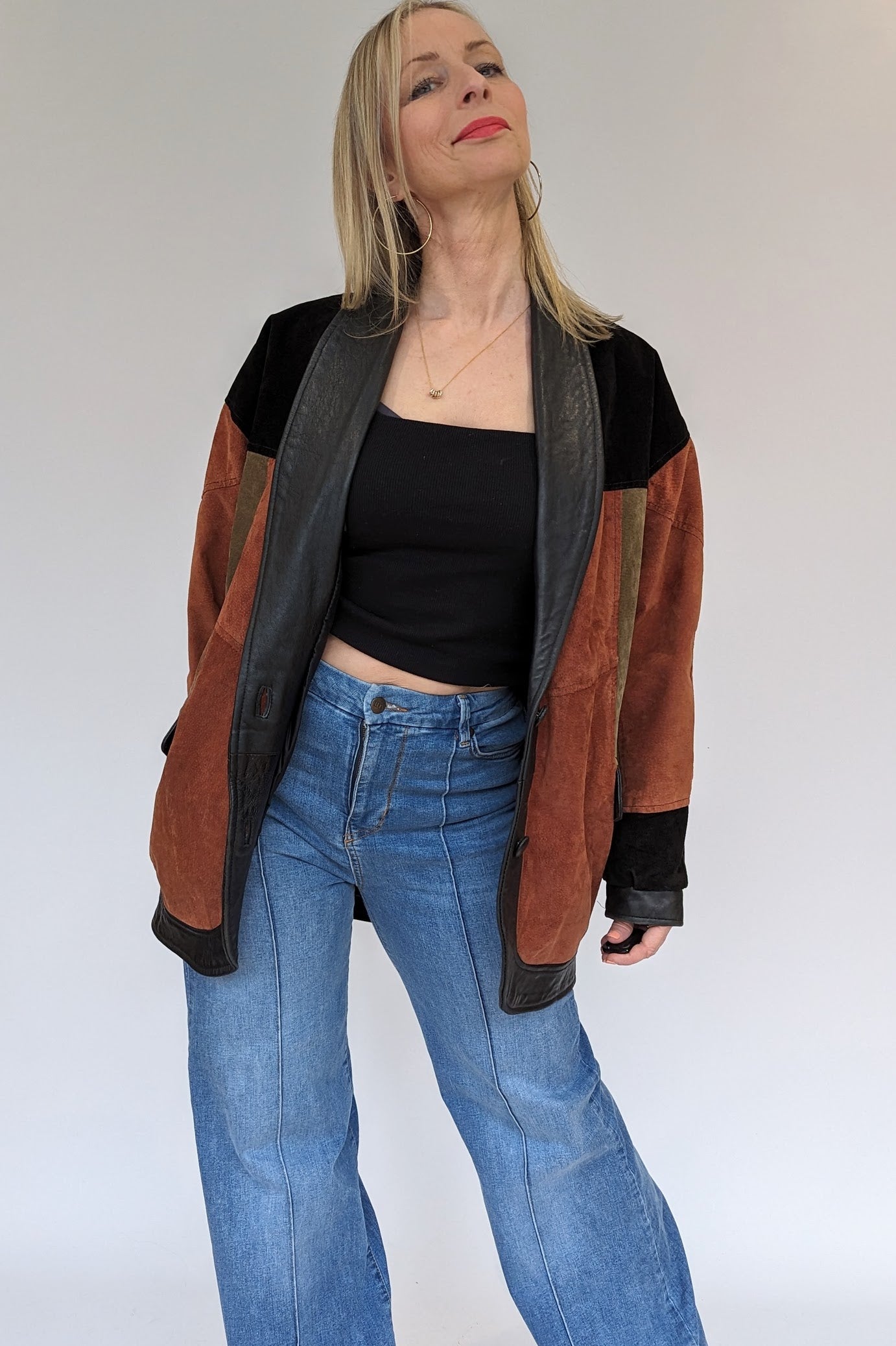 Oversized Suede Patchwork Ladies Jacket in Khaki, Black and Russet with leather trim