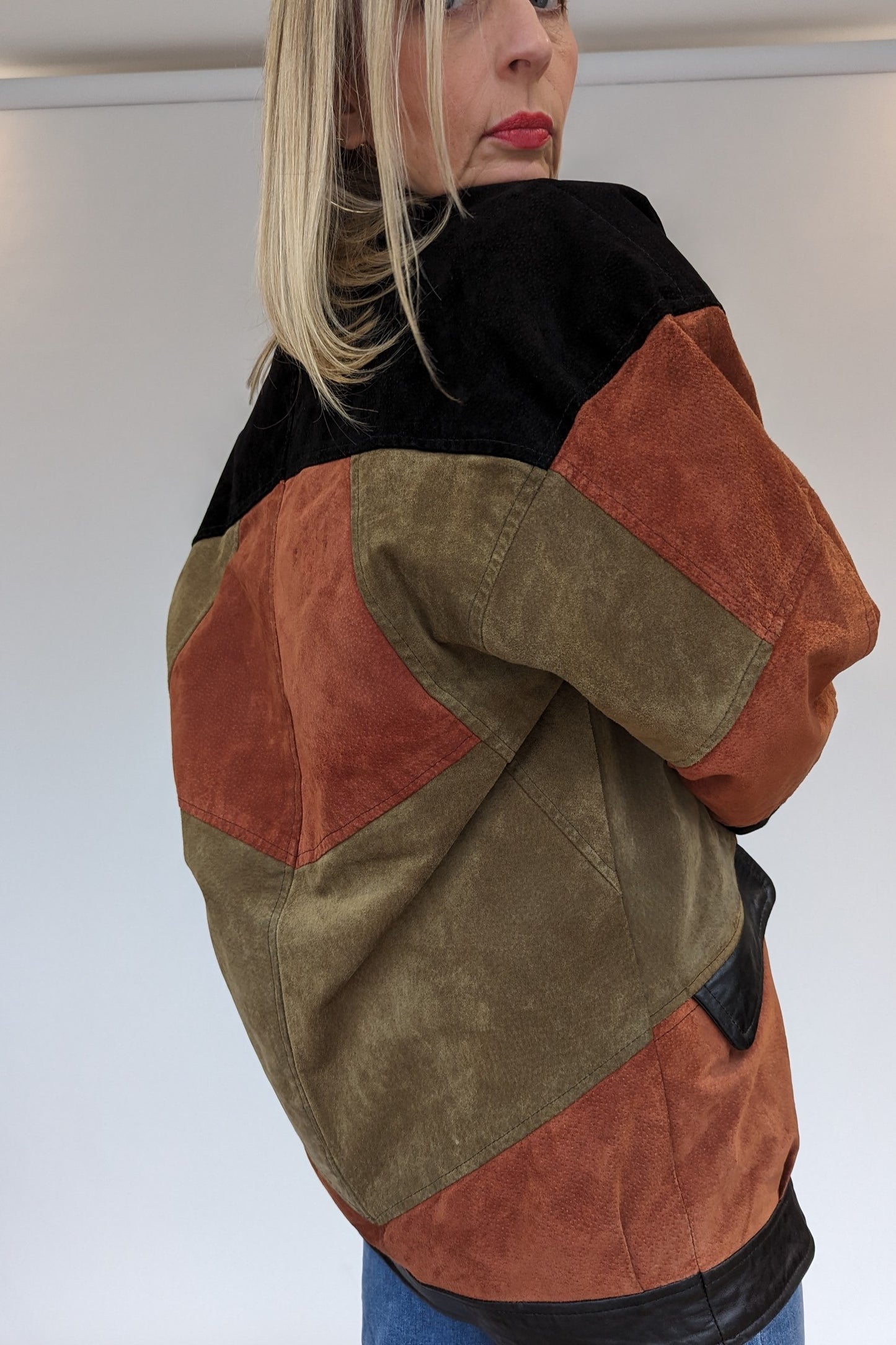 back of Oversized Suede Patchwork Ladies Jacket in Khaki, Black and Russet