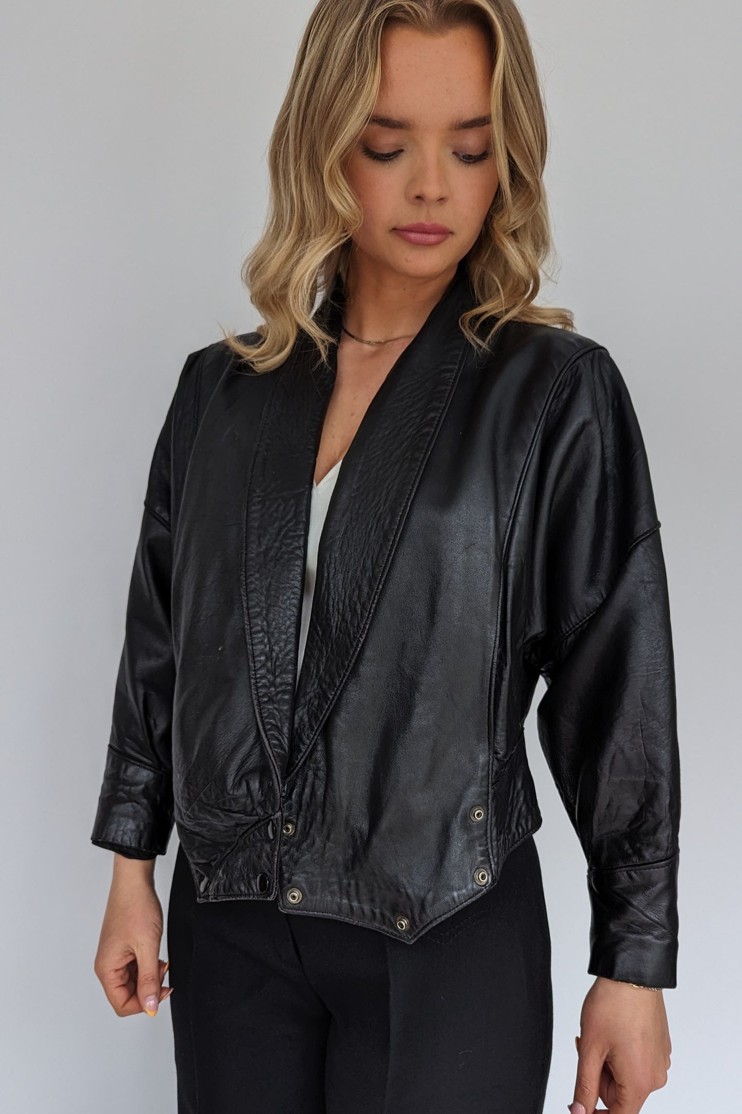vintage black cropped leather jacket open