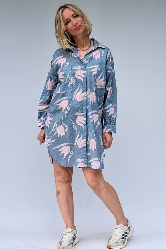 1980s vintage laura ashley shirt dress in grey, blue and pink