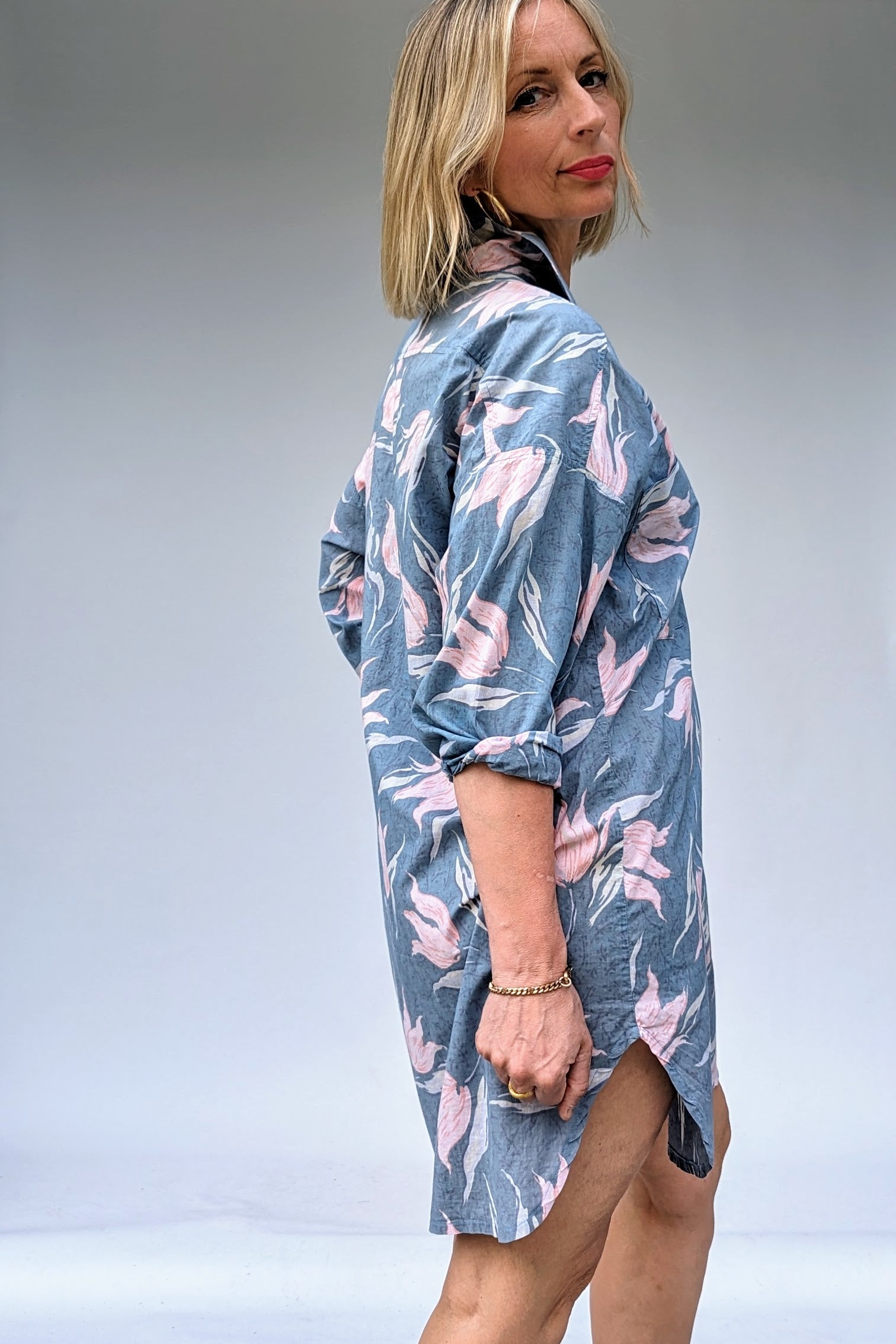 80s vintage laura ashley cotton shirt dress in grey and pink floral pattern