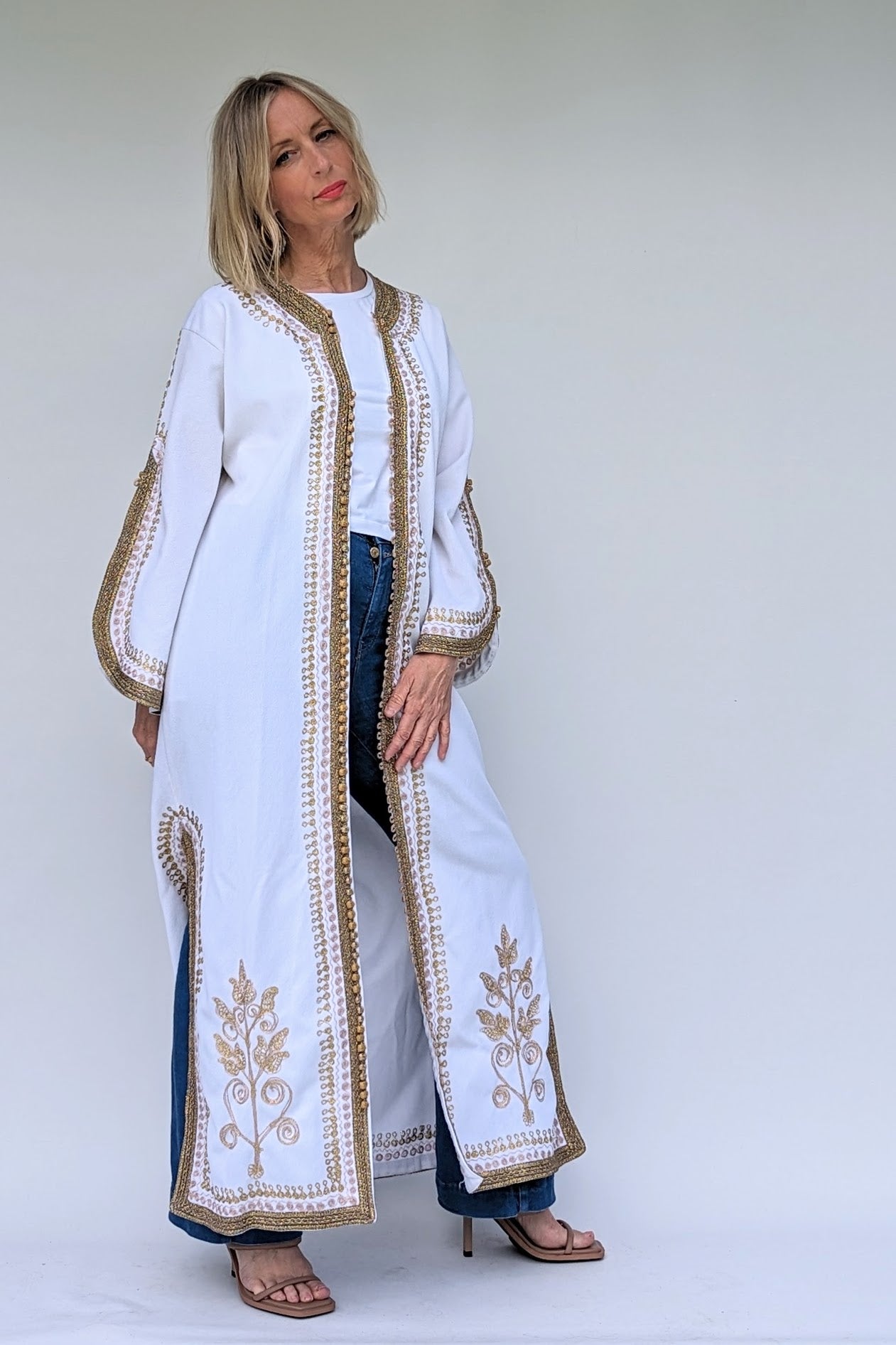 long kimono style white and gold coat
