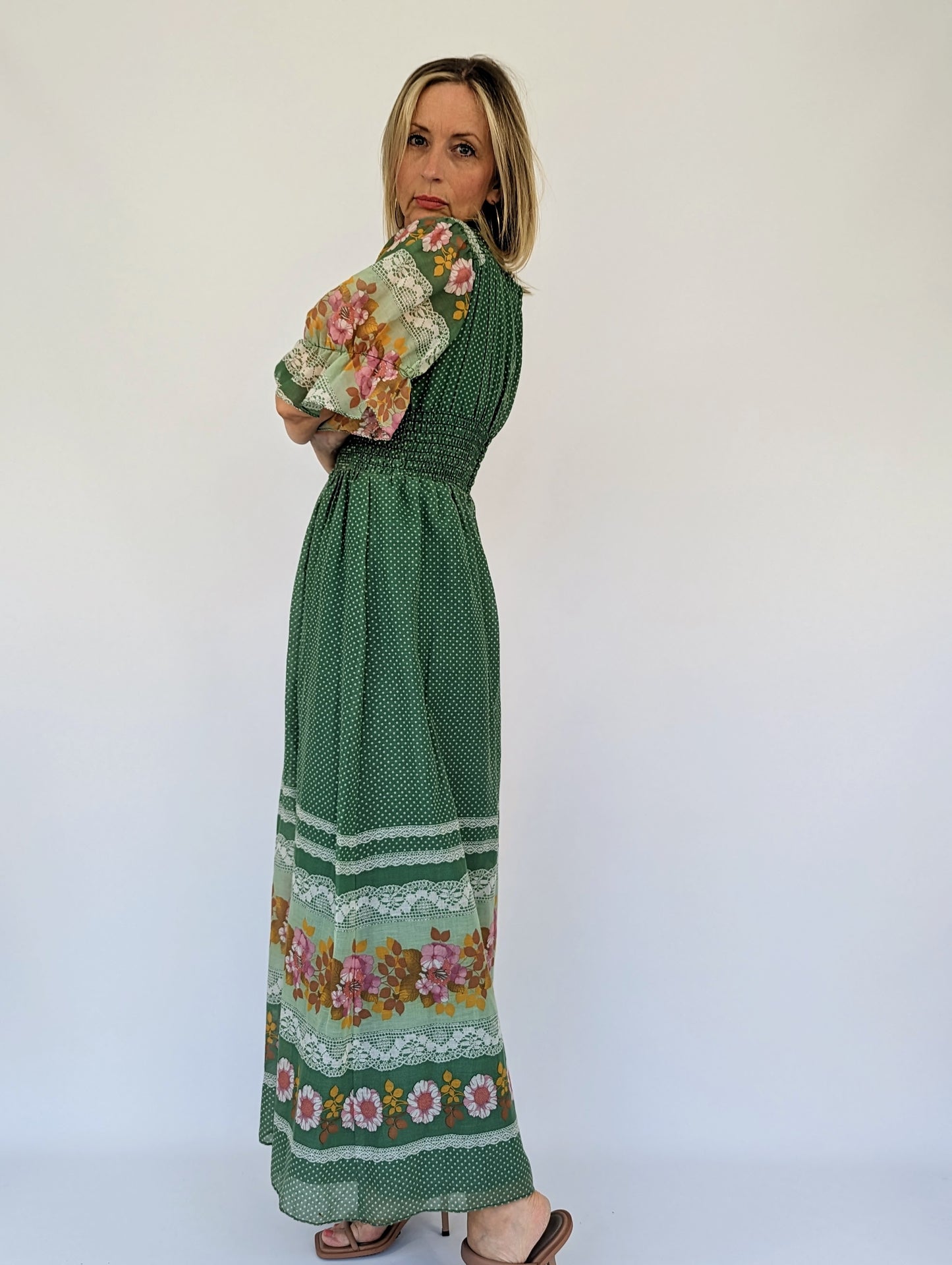 patterned long 1970's dress
