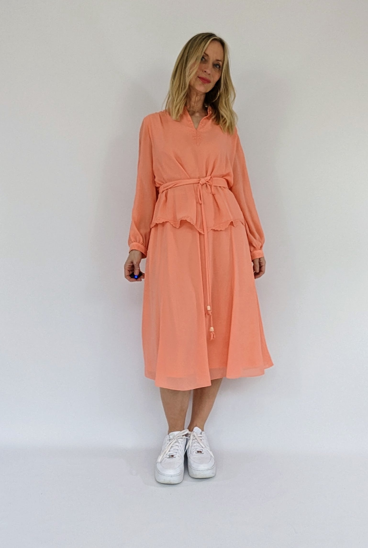 70s long sleeve peach dress