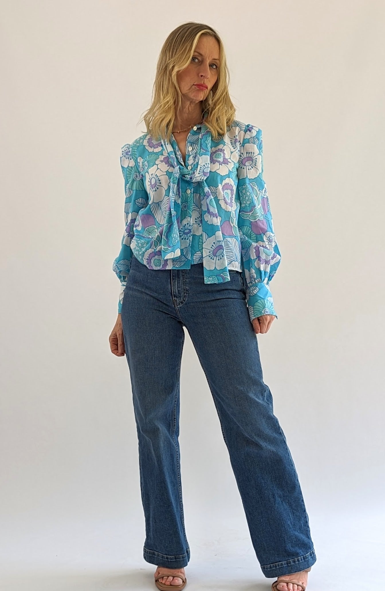 Floral vintage blue tie neck blouse with long sleeves