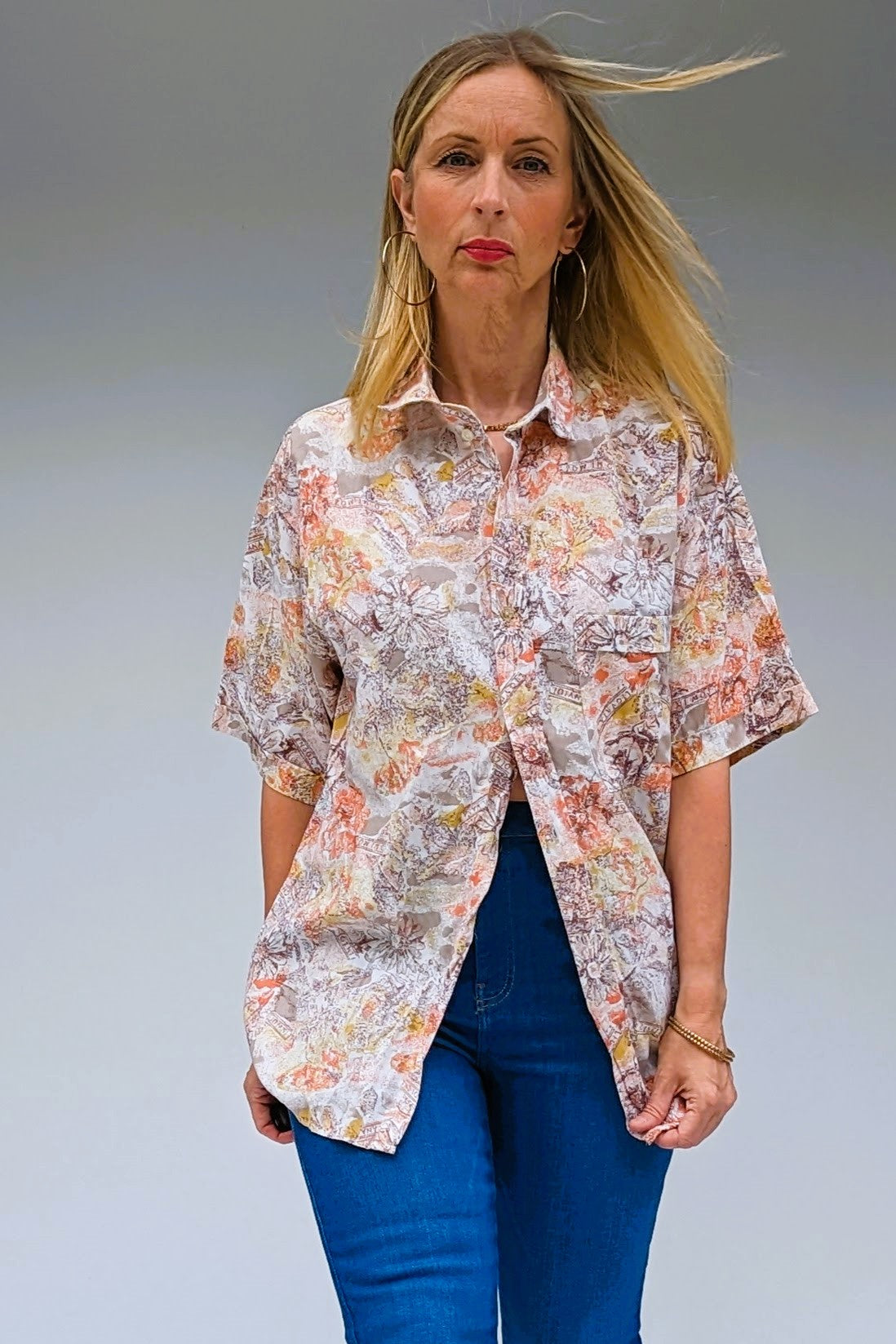 Peach, beige and grey patterned short sleeve blouse
