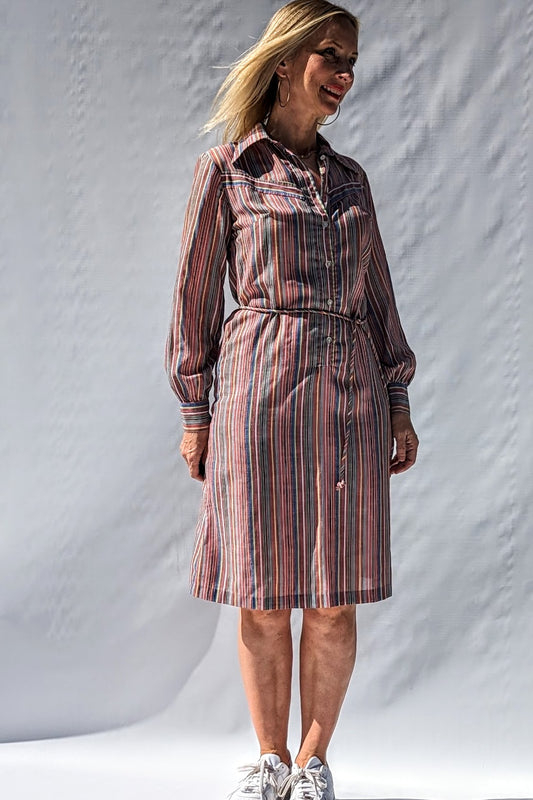 70s Vintage Striped Shirt Dress with Dagger Collars and Tie Belt