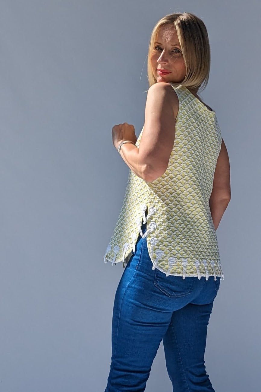 Sleeveless summer yellow patterned top