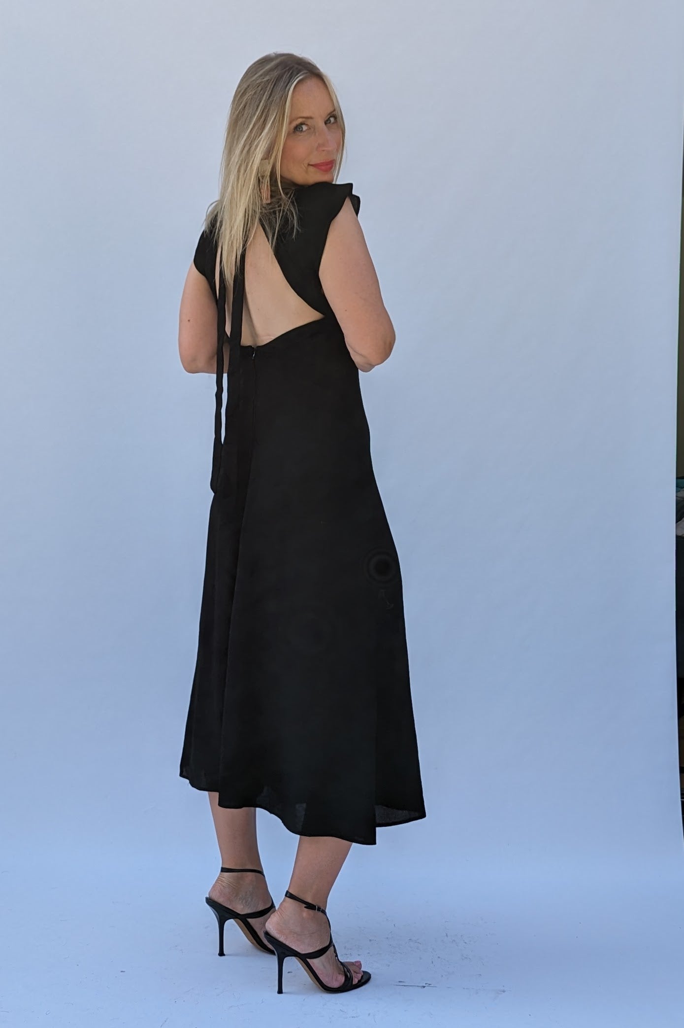 backless black crepe 70s dress
