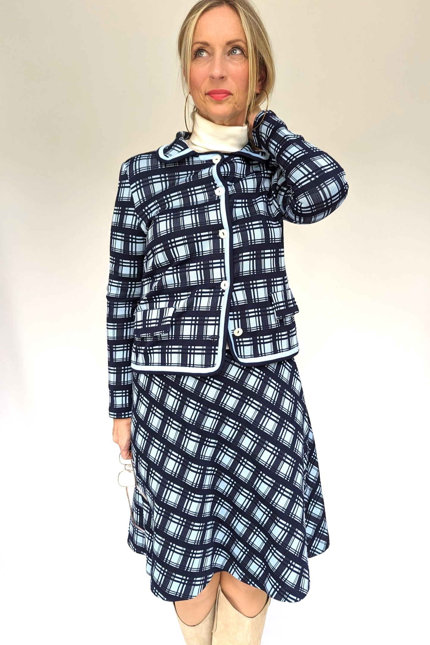 70s Vintage Blue Checked Skirt Suit