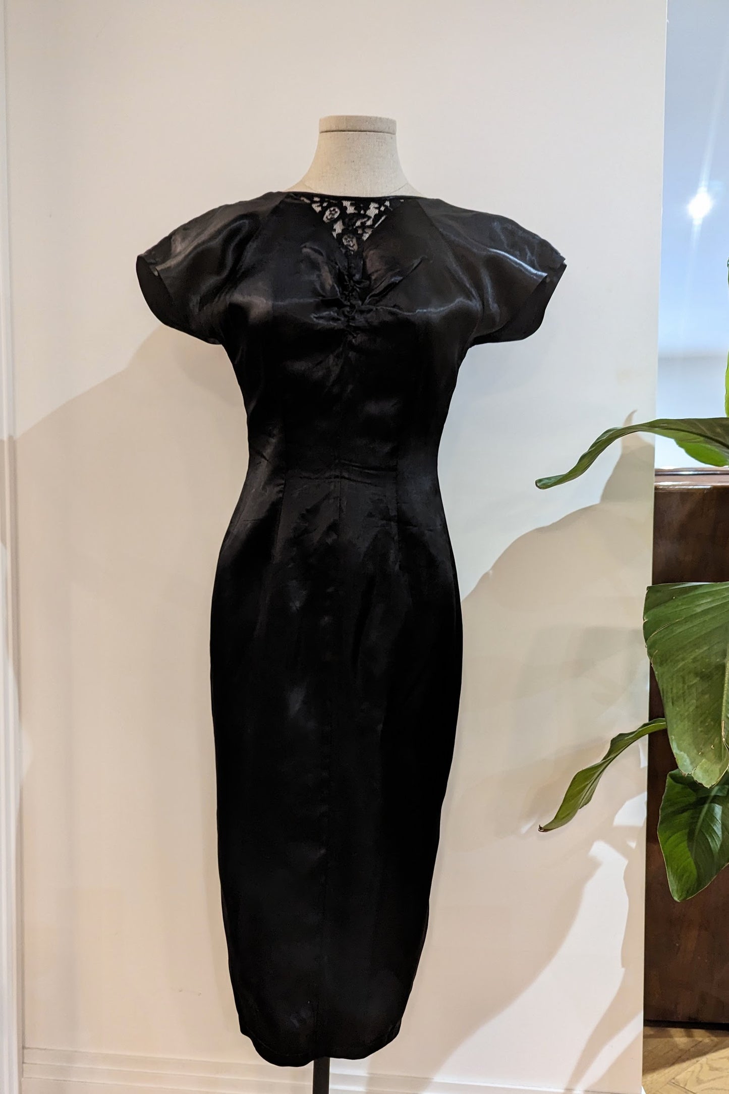 Fitted Black Vintage Soft Satin Dress with Lace Detail