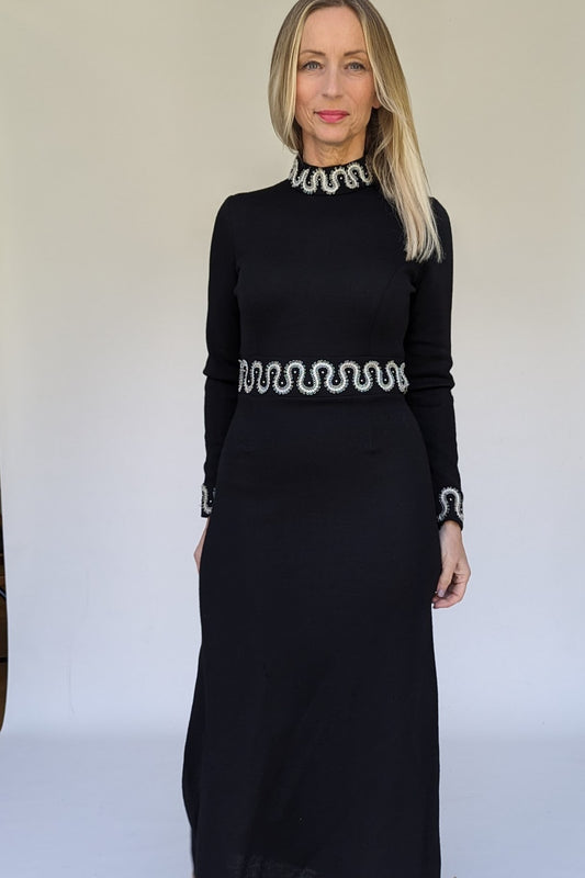1970s Jean Varon Long Sleeved Beaded Black Maxi Dress