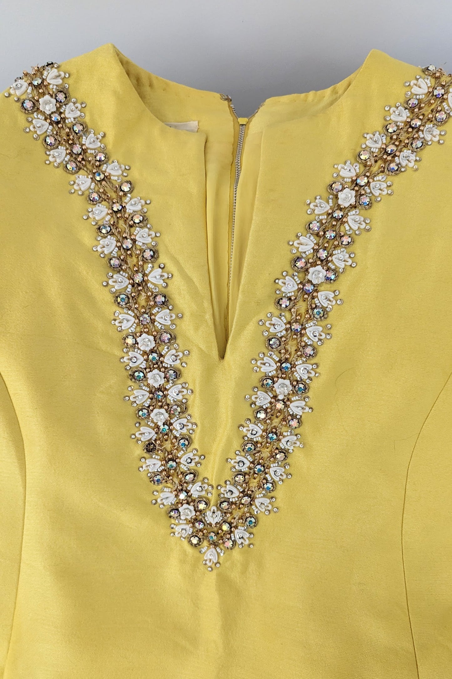 1960s Elinor Simmons for Malcolm Starr, Makoff Salt Lake City, Yellow Beaded Cocktail Dress