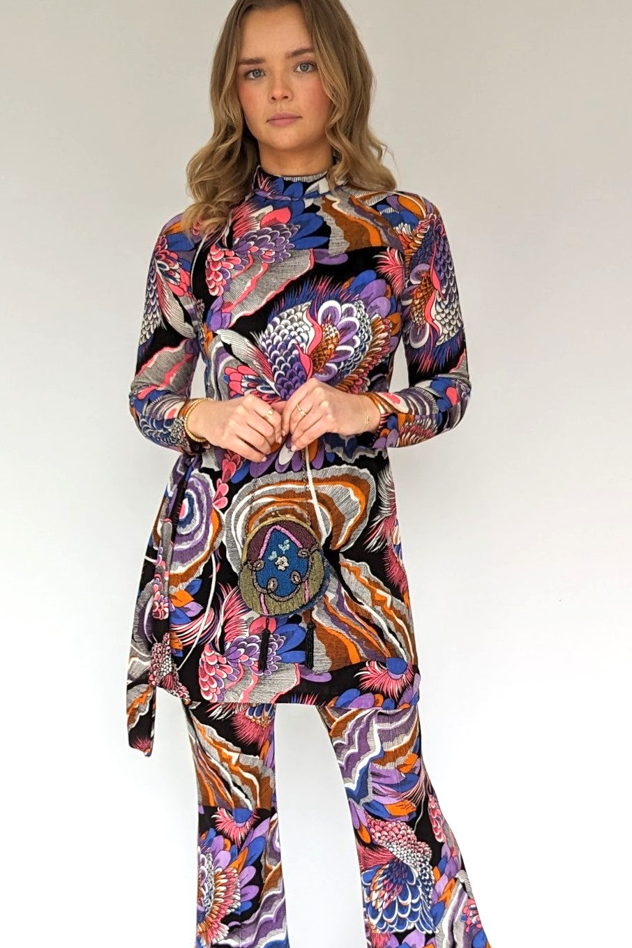 1970s psychedelic trouser suit with edwardian bag