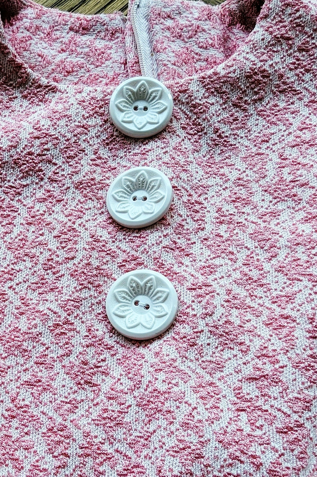flower buttons on 1960s mod mini dress in pink
