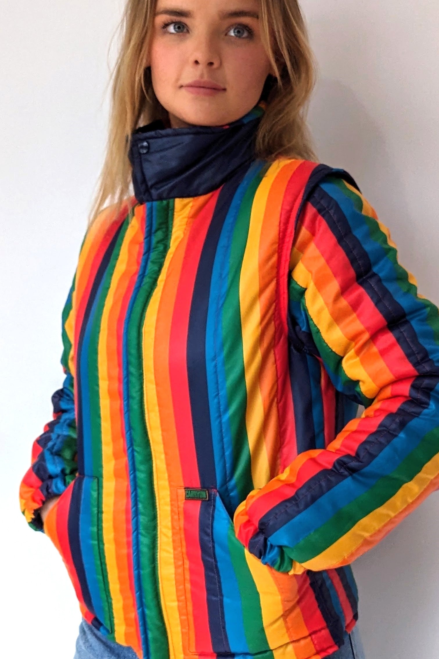 retro puffer jacket in rainbow coloured stripes