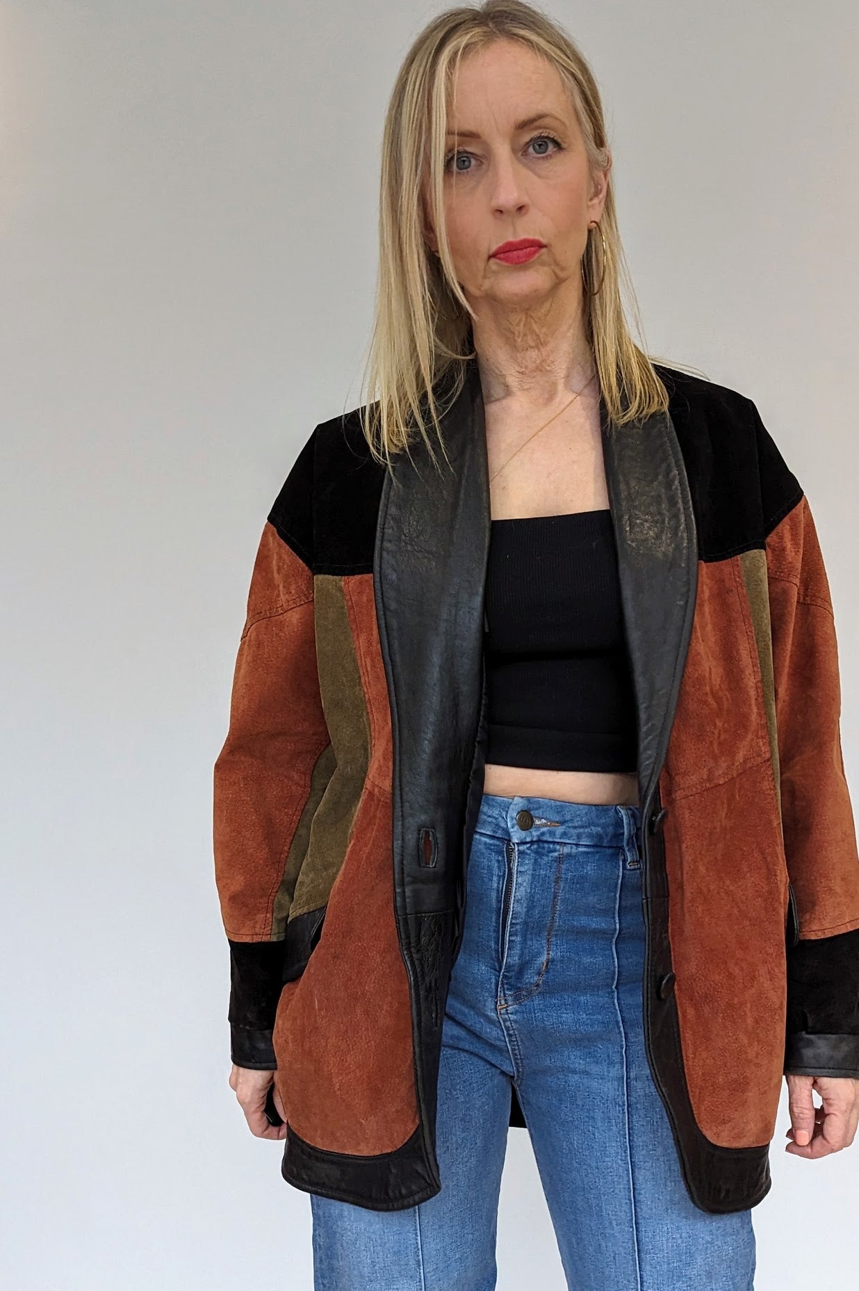 Oversized Suede Patchwork Ladies Jacket in Khaki, Black and Russet