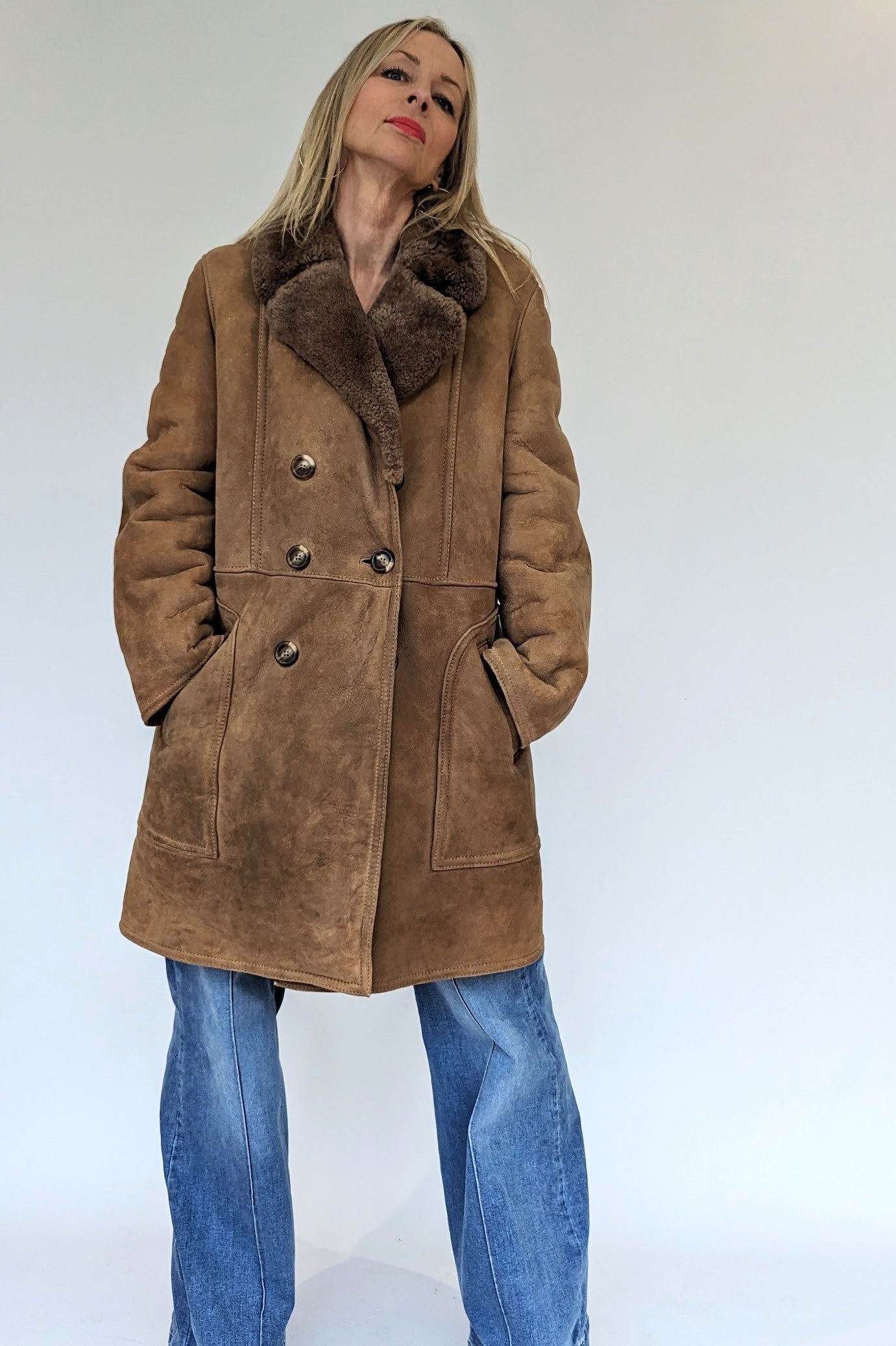 double breasted vintage sheepskin coat done up