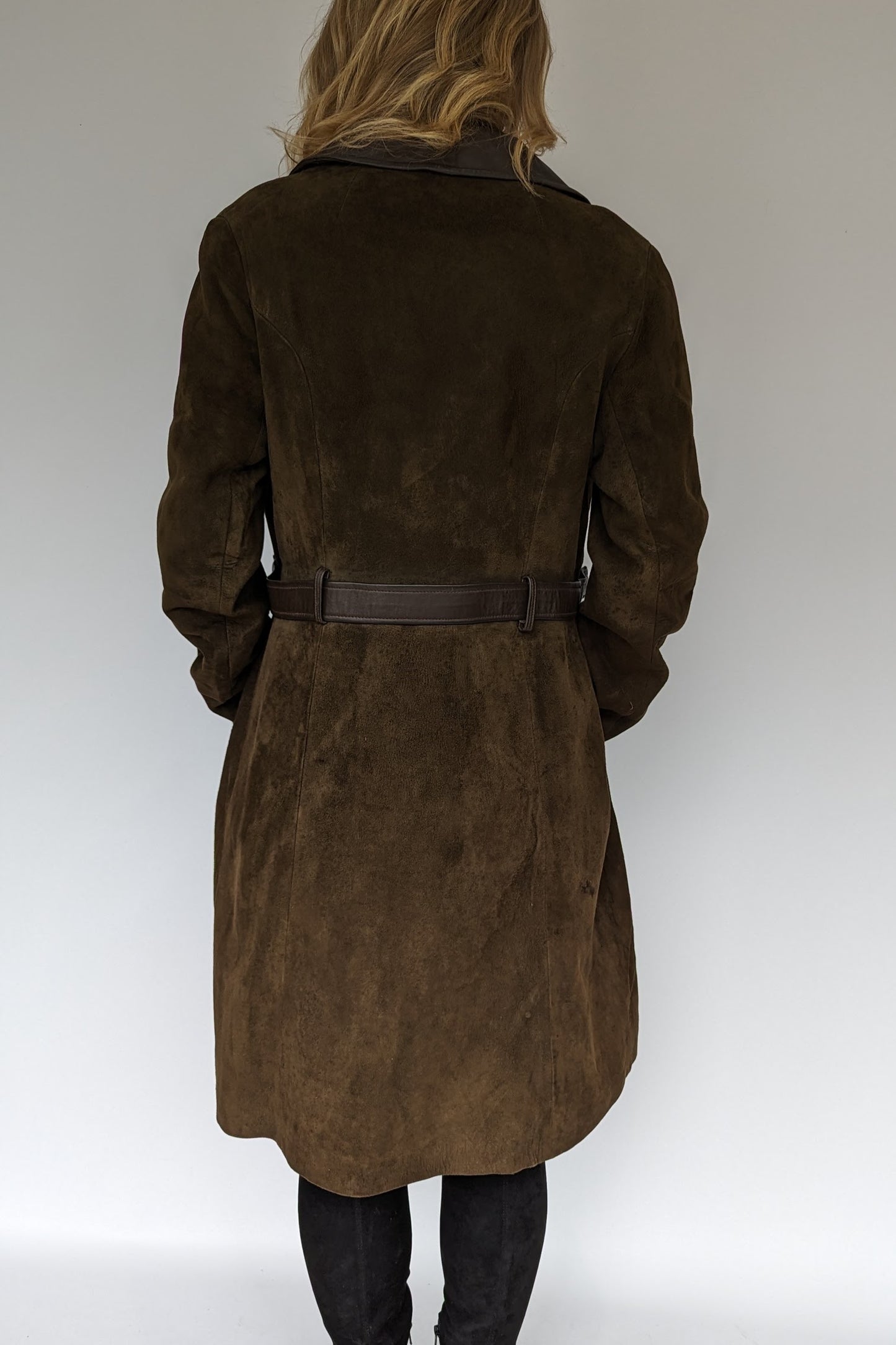 back of Women's Vintage 60s Long Brown Suede Coat