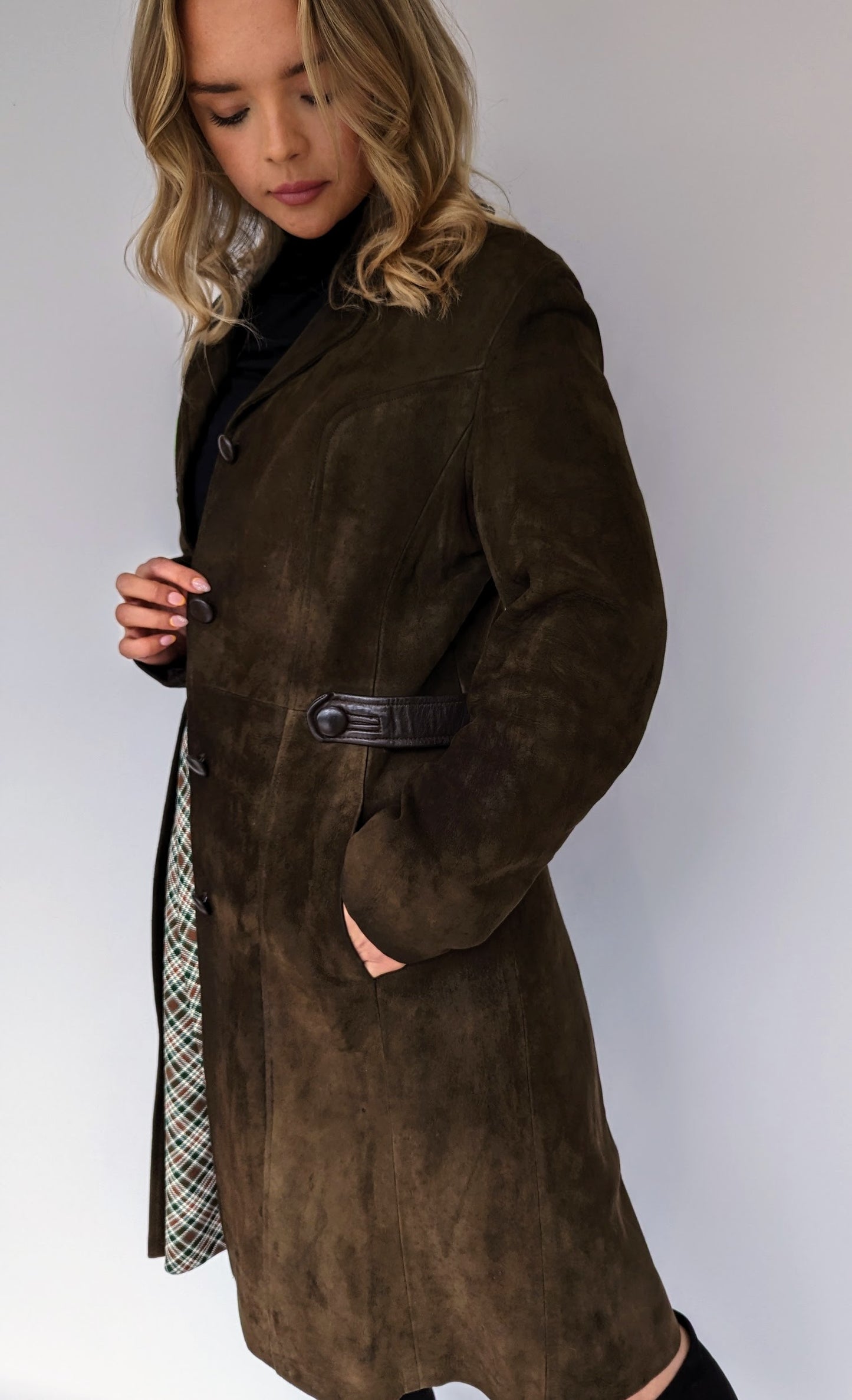 Women's Vintage 60s Long Brown Suede Coat with leather trim and belt
