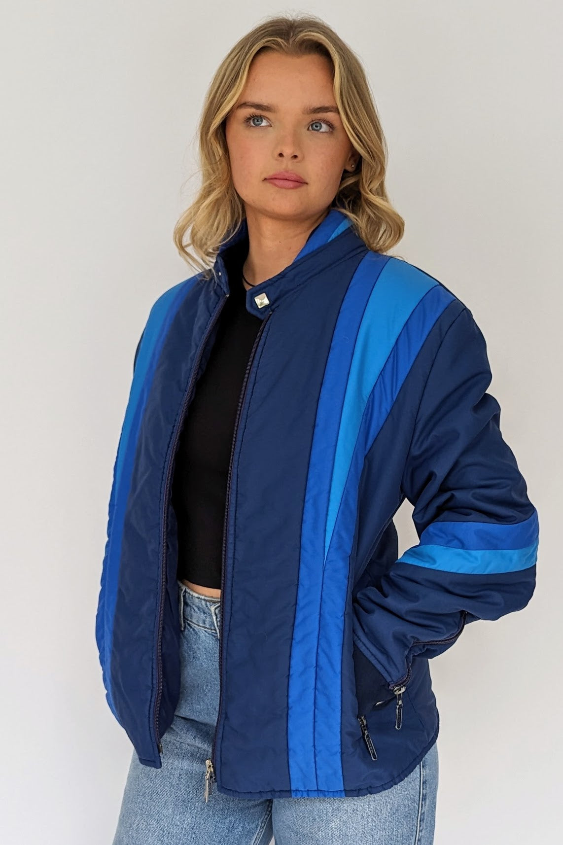 retro blue ski jacket with pockets