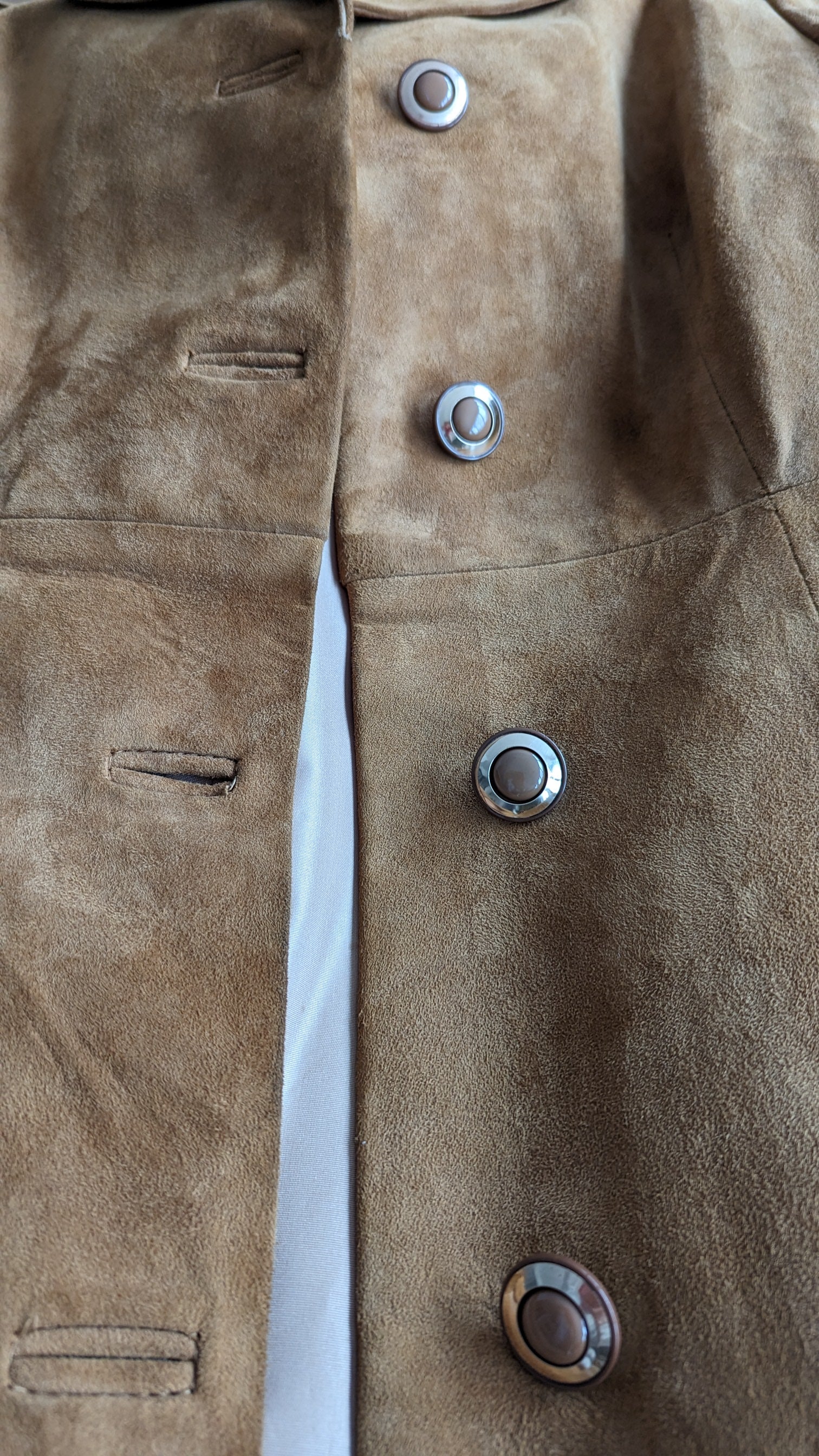 buttons on 70s long tan suede womens coat with gold buttons