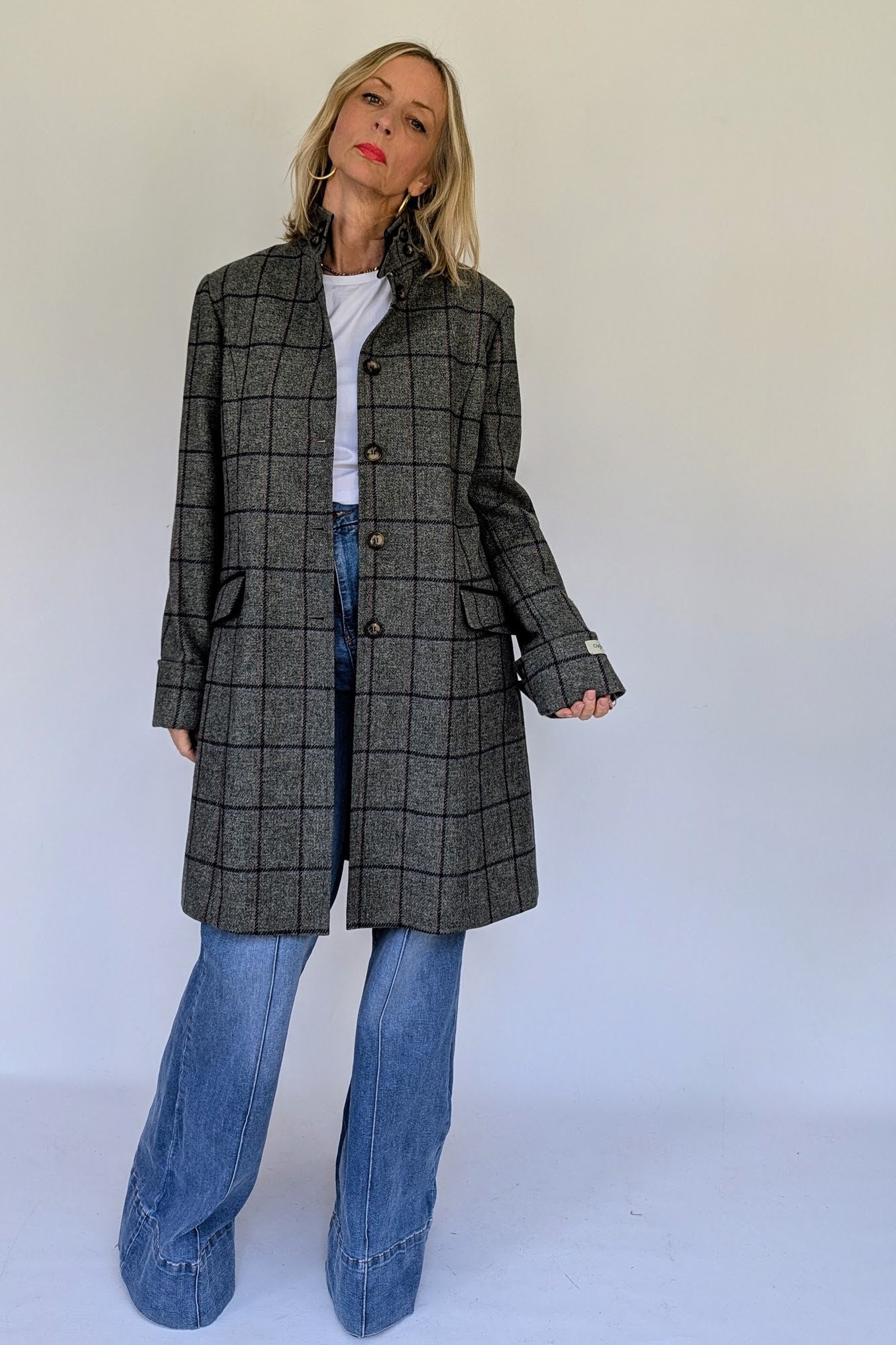 Wool Tweed Grey and Navy Check Coat