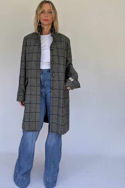 Wool Tweed Grey and Navy Check Coat