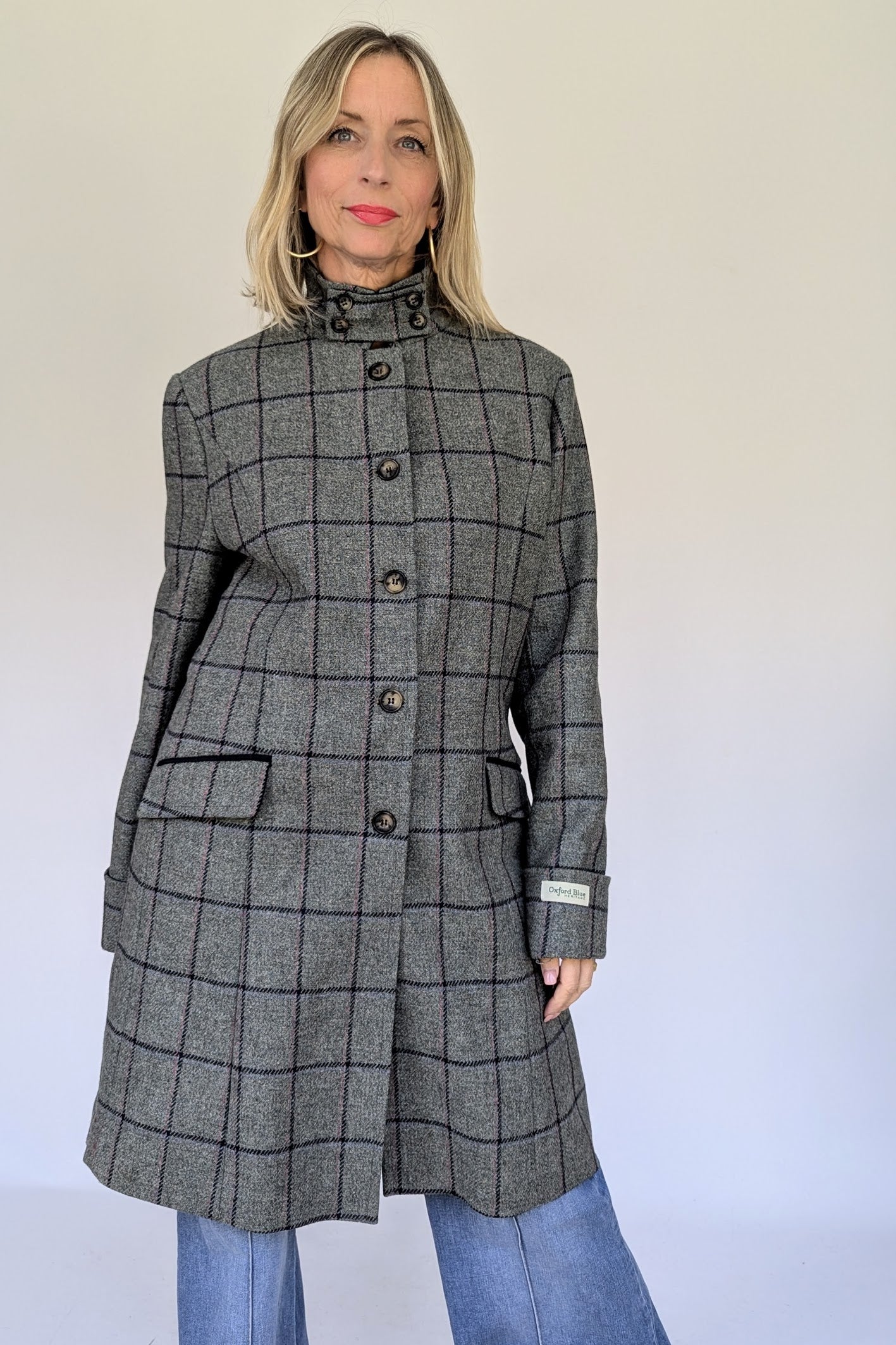 Wool Tweed Grey and Navy Check Coat