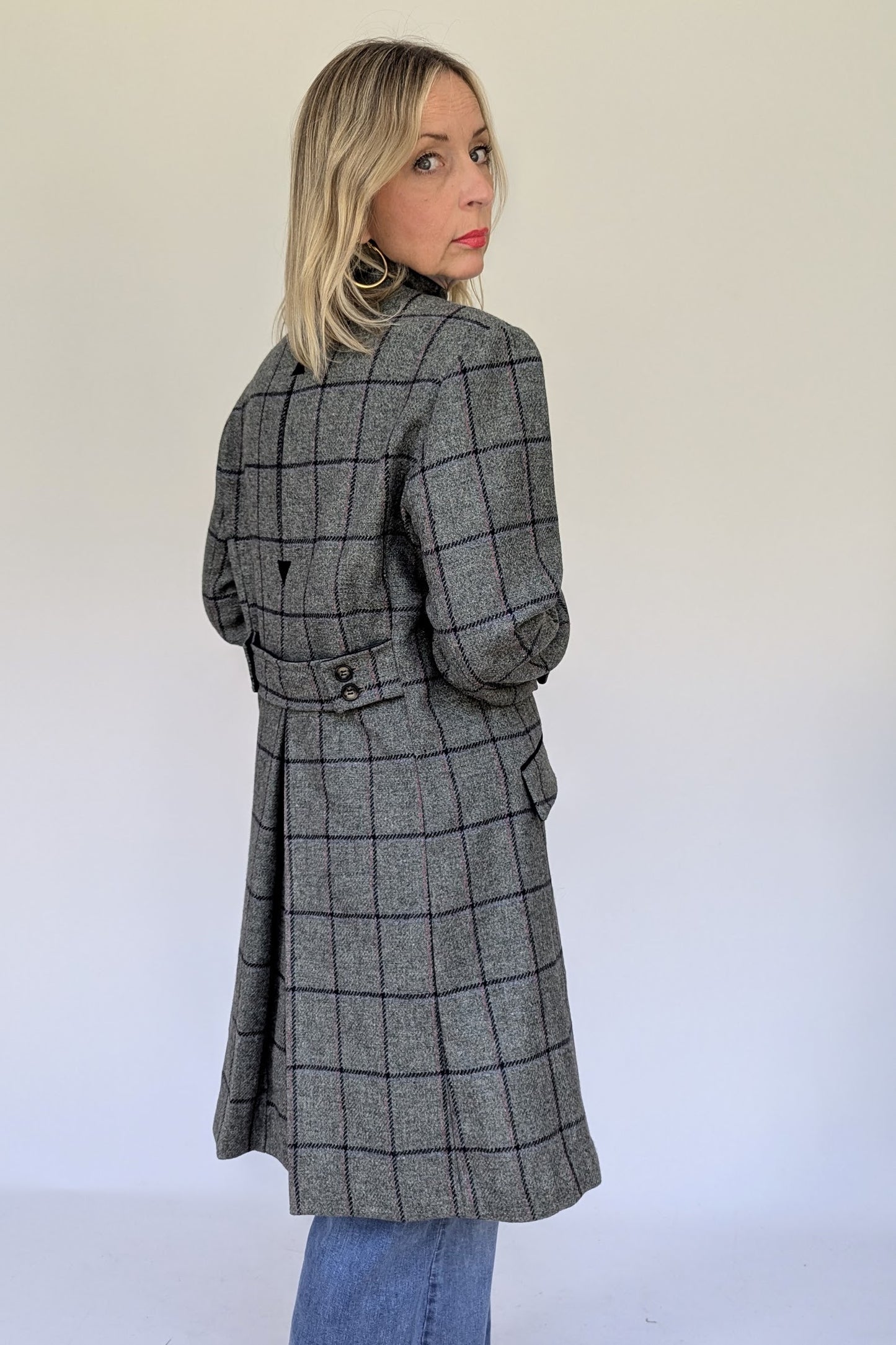 Wool Tweed Grey and Navy Check Coat