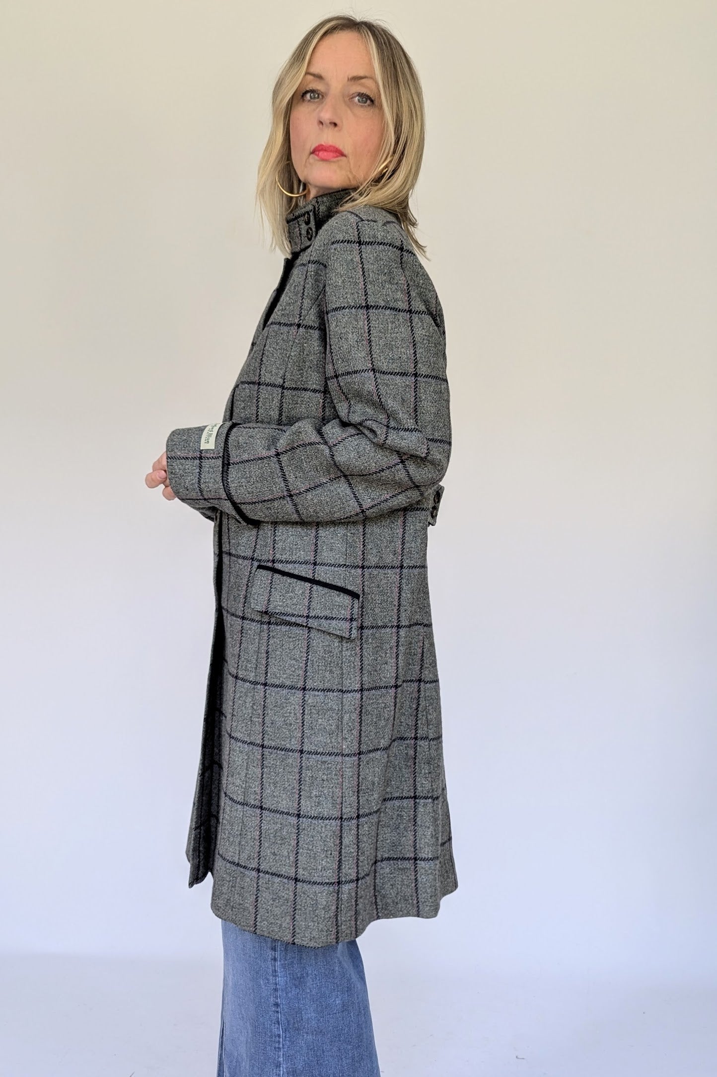 Wool Tweed Grey and Navy Check Coat