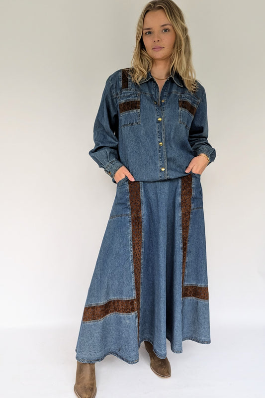 1980s Denim Co-ord Maxi Skirt & Shirt Set