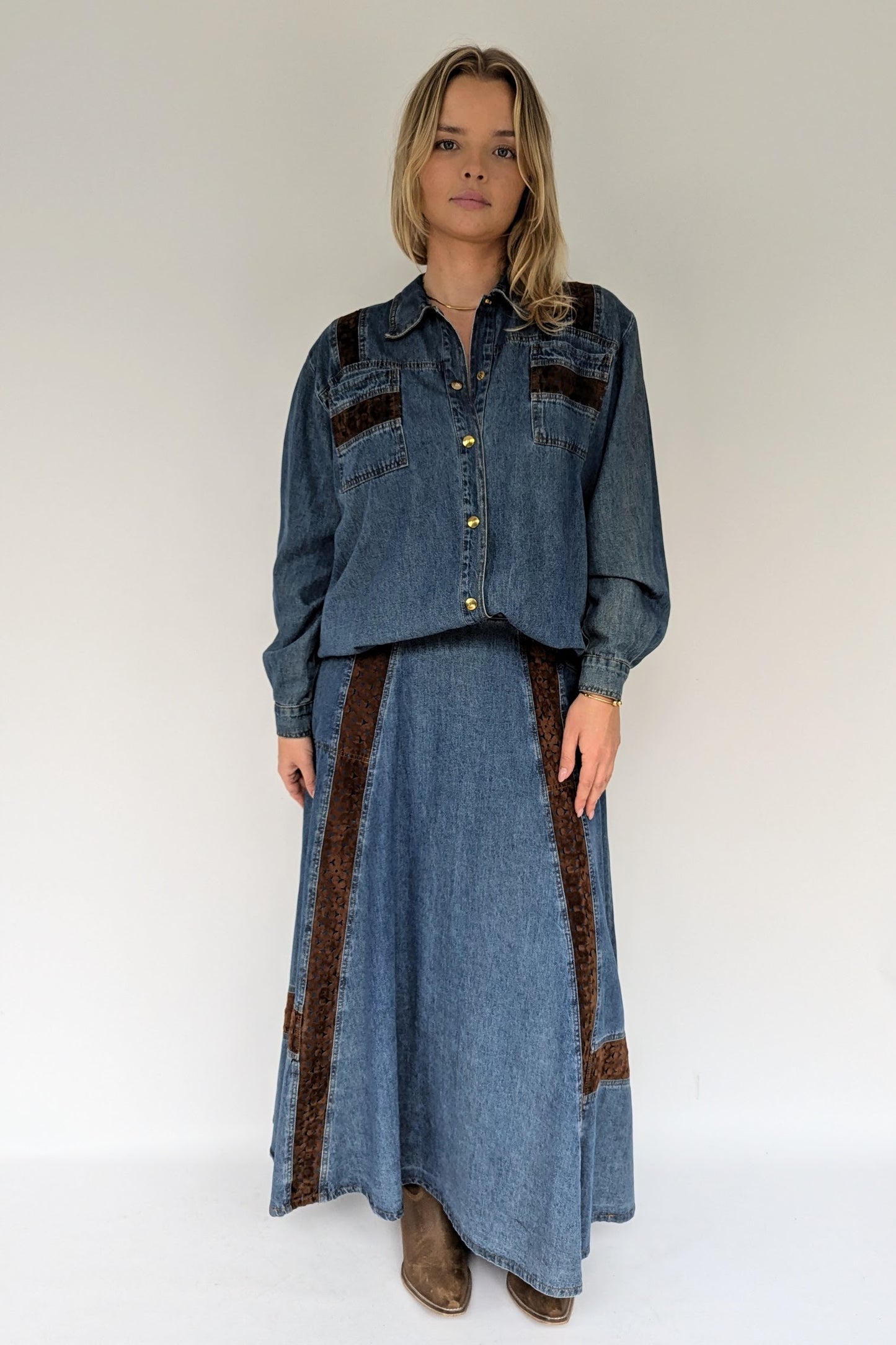1980s Denim Co-ord Maxi Skirt & Shirt Set
