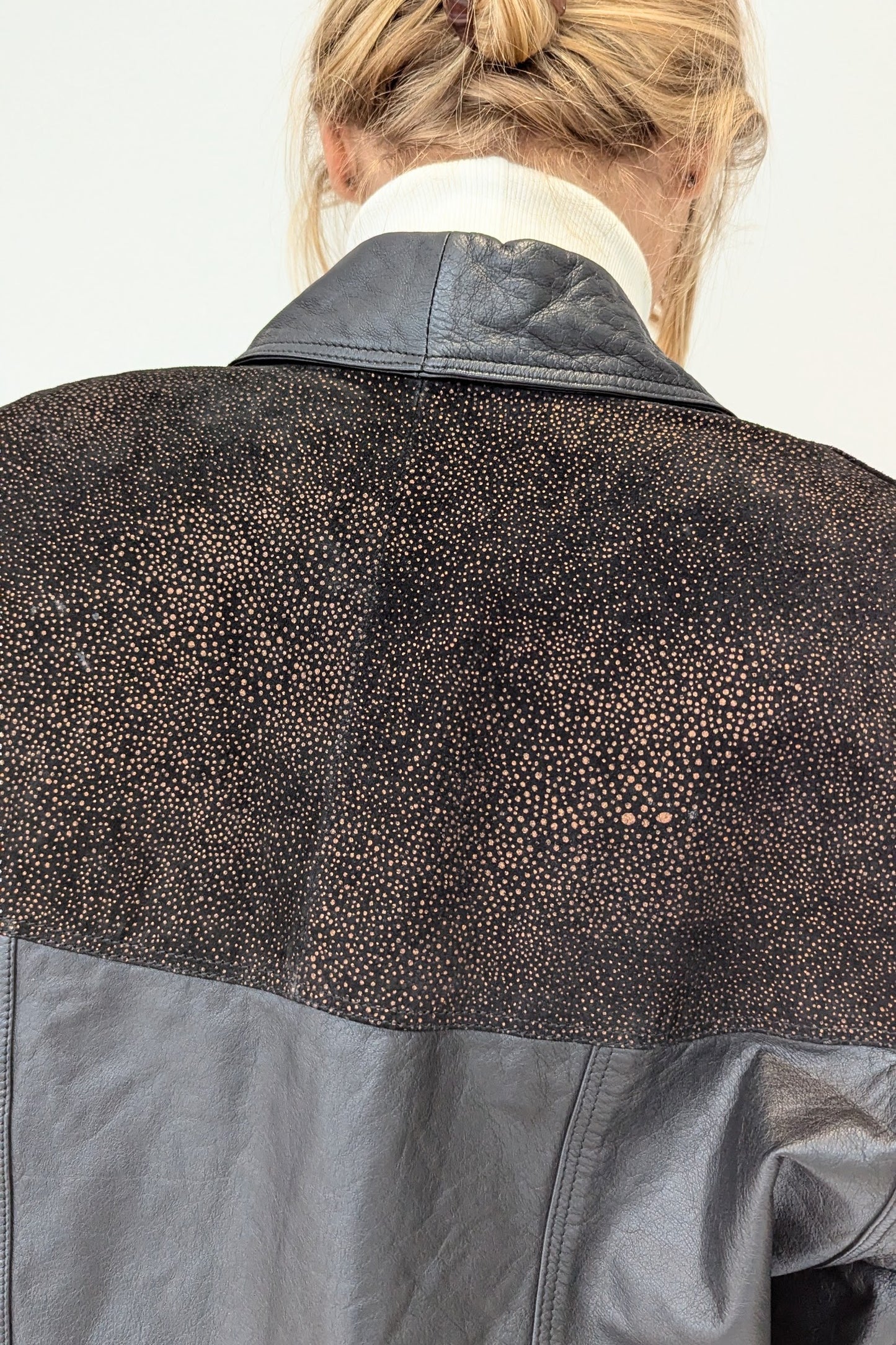 Vintage Black Leather Jacket with Bronze Suede Embellishment