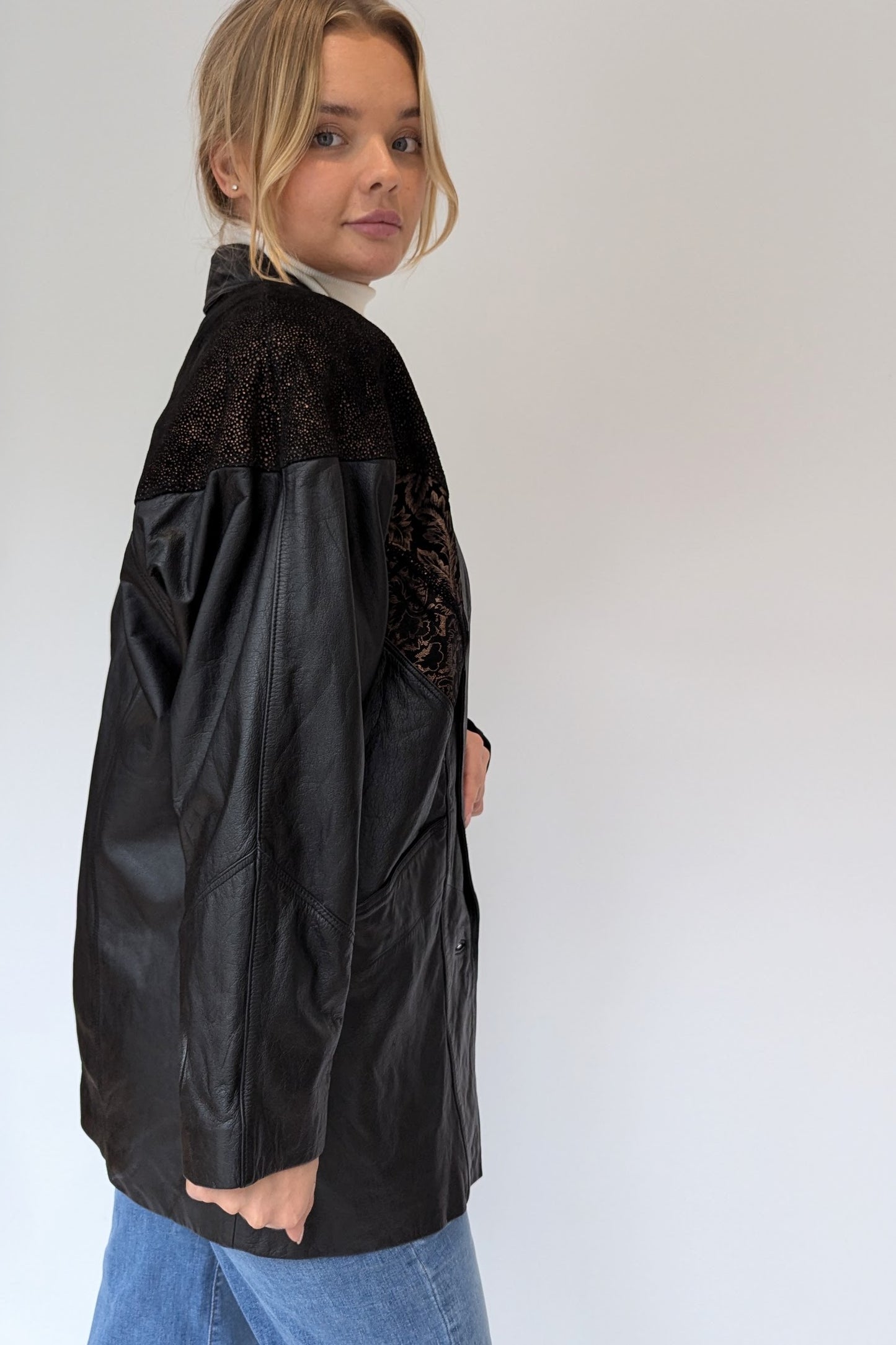 Vintage Black Leather Jacket with Bronze Suede Embellishment