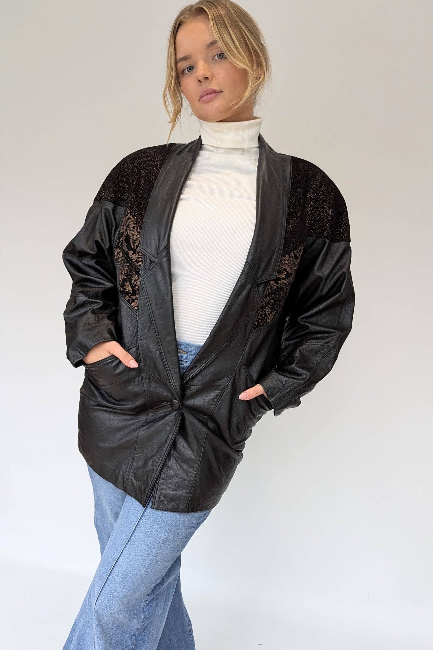 Vintage Black Leather Jacket with Bronze Suede Embellishment