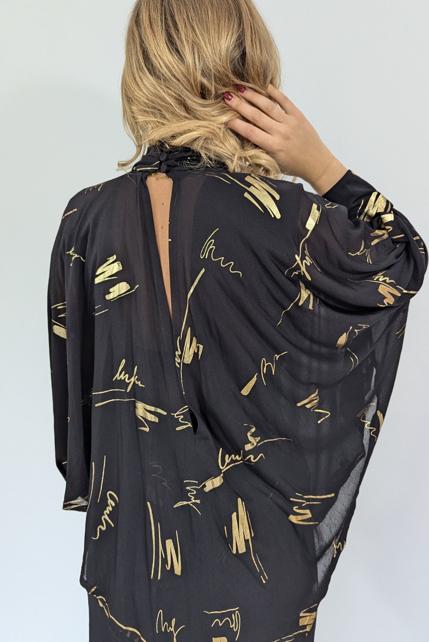 Vintage Gold & Black Flared Sleeve Evening Dress