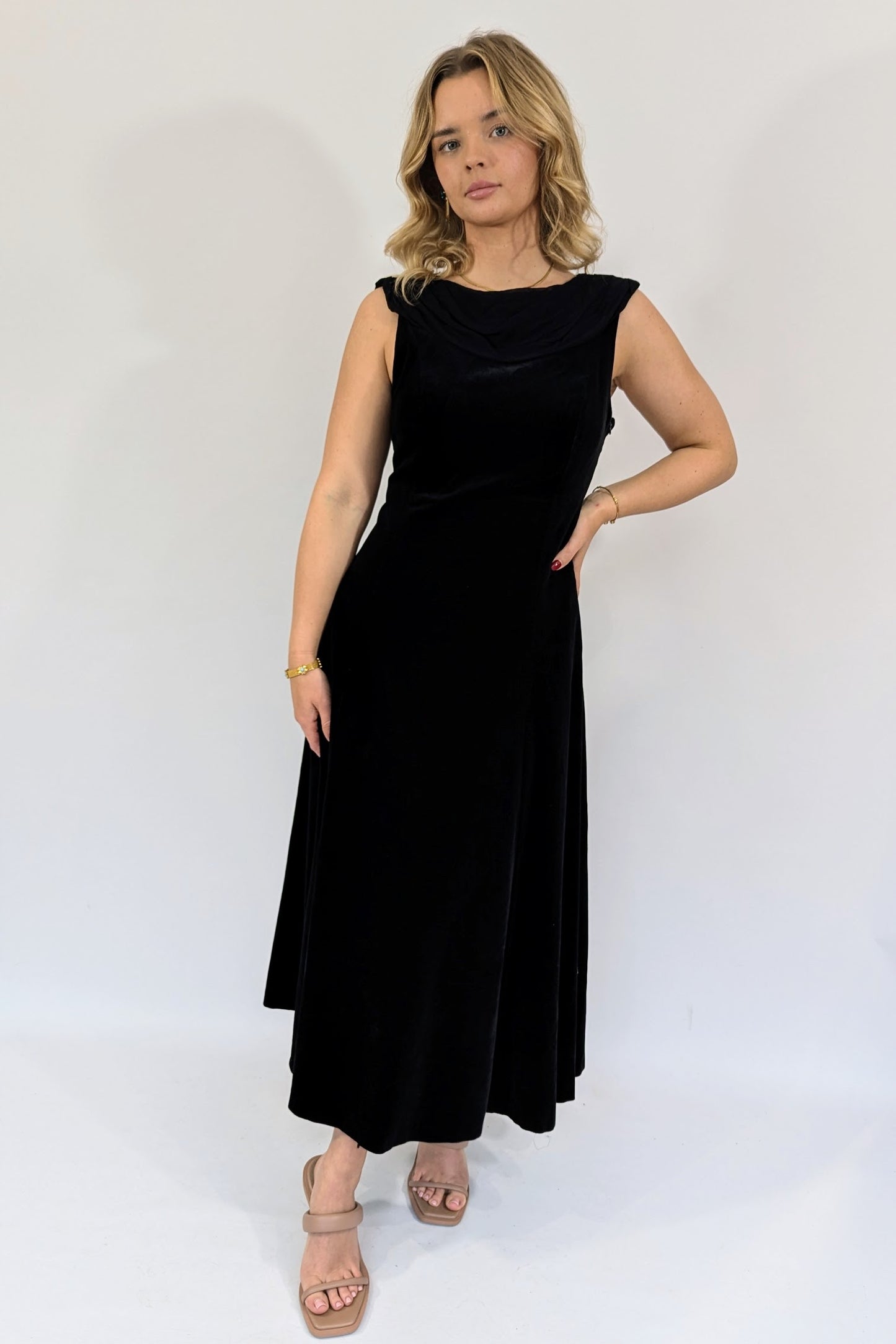 1980s Vintage Laura Ashley Black Velvet Evening Dress