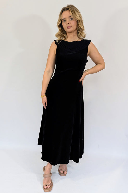 1980s Vintage Laura Ashley Black Velvet Evening Dress