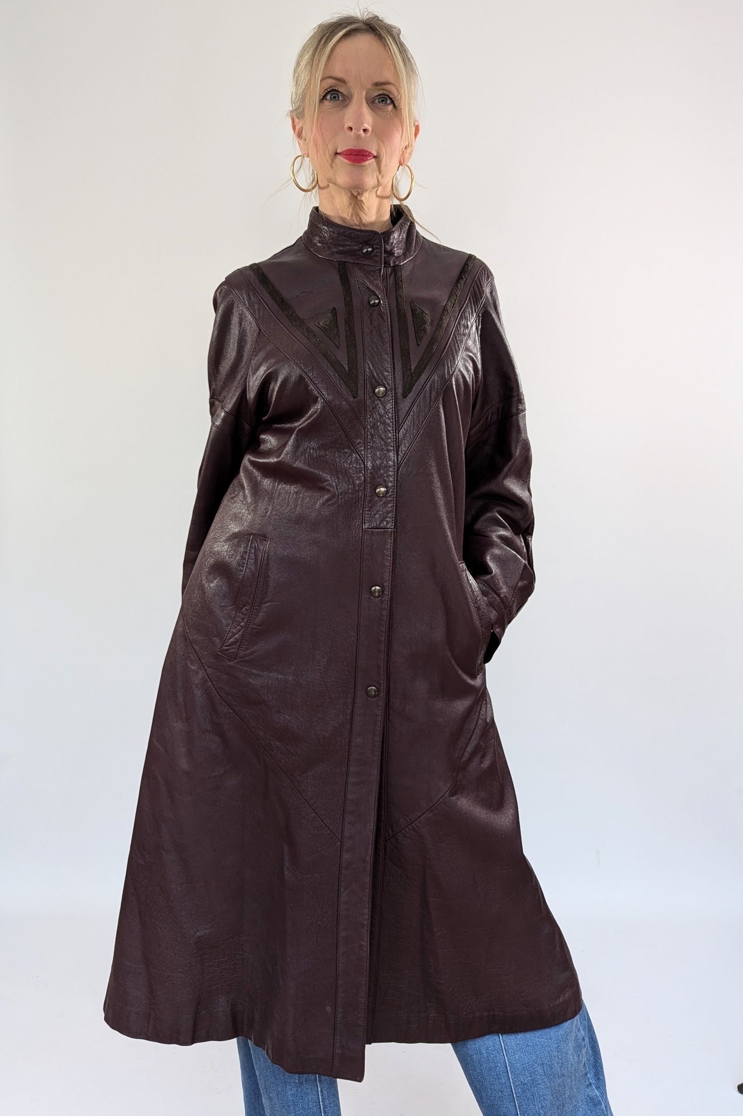 1980s Leather Applique Long Leather Coat