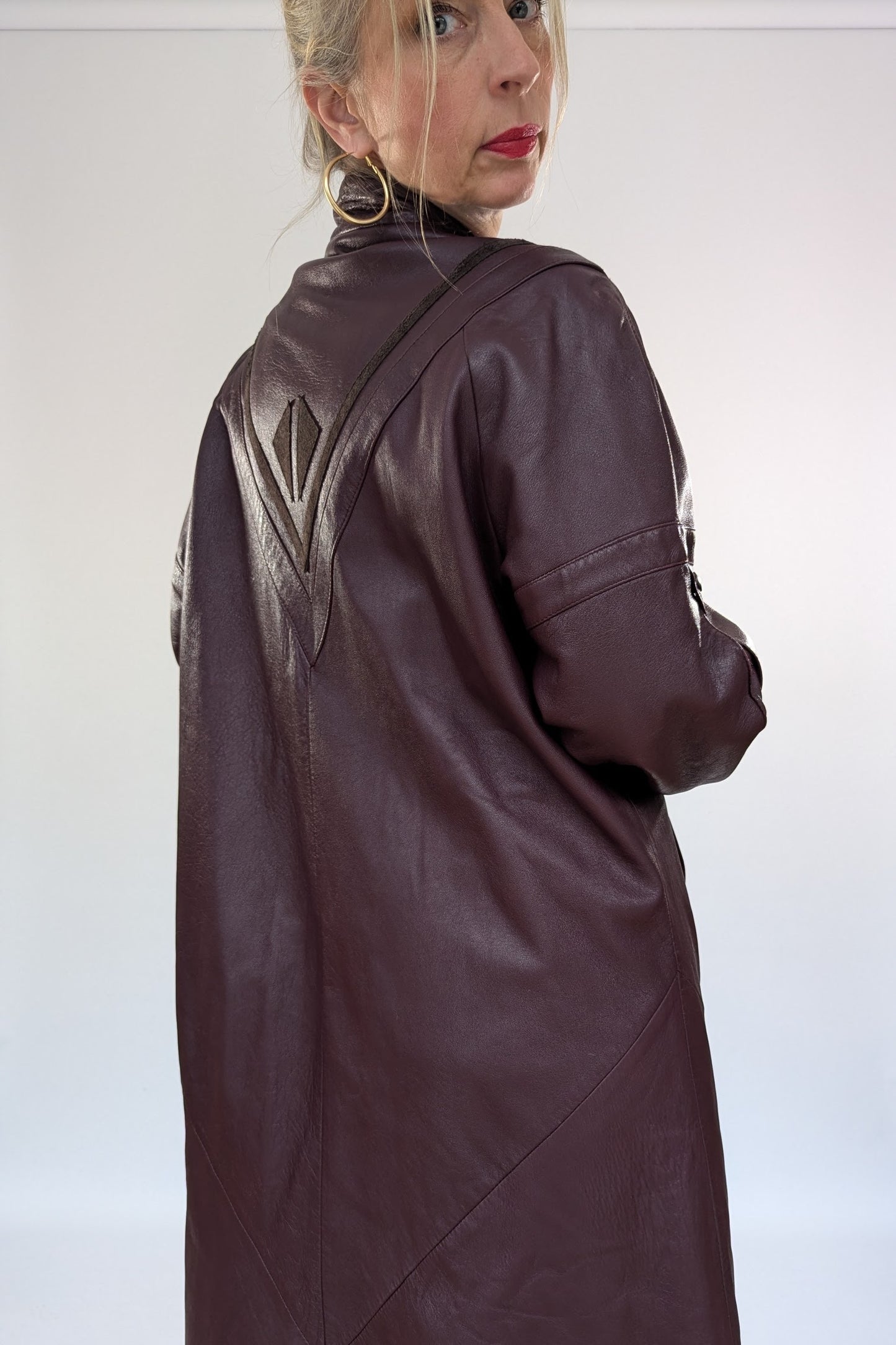1980s Leather Applique Long Leather Coat
