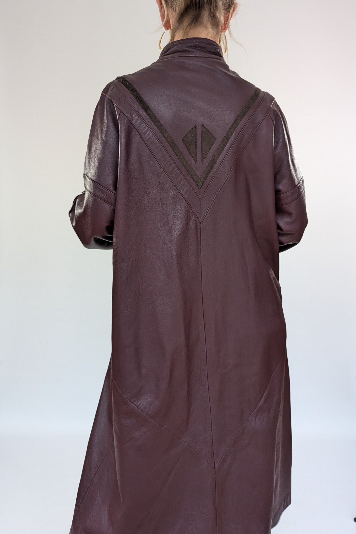 1980s Leather Applique Long Leather Coat