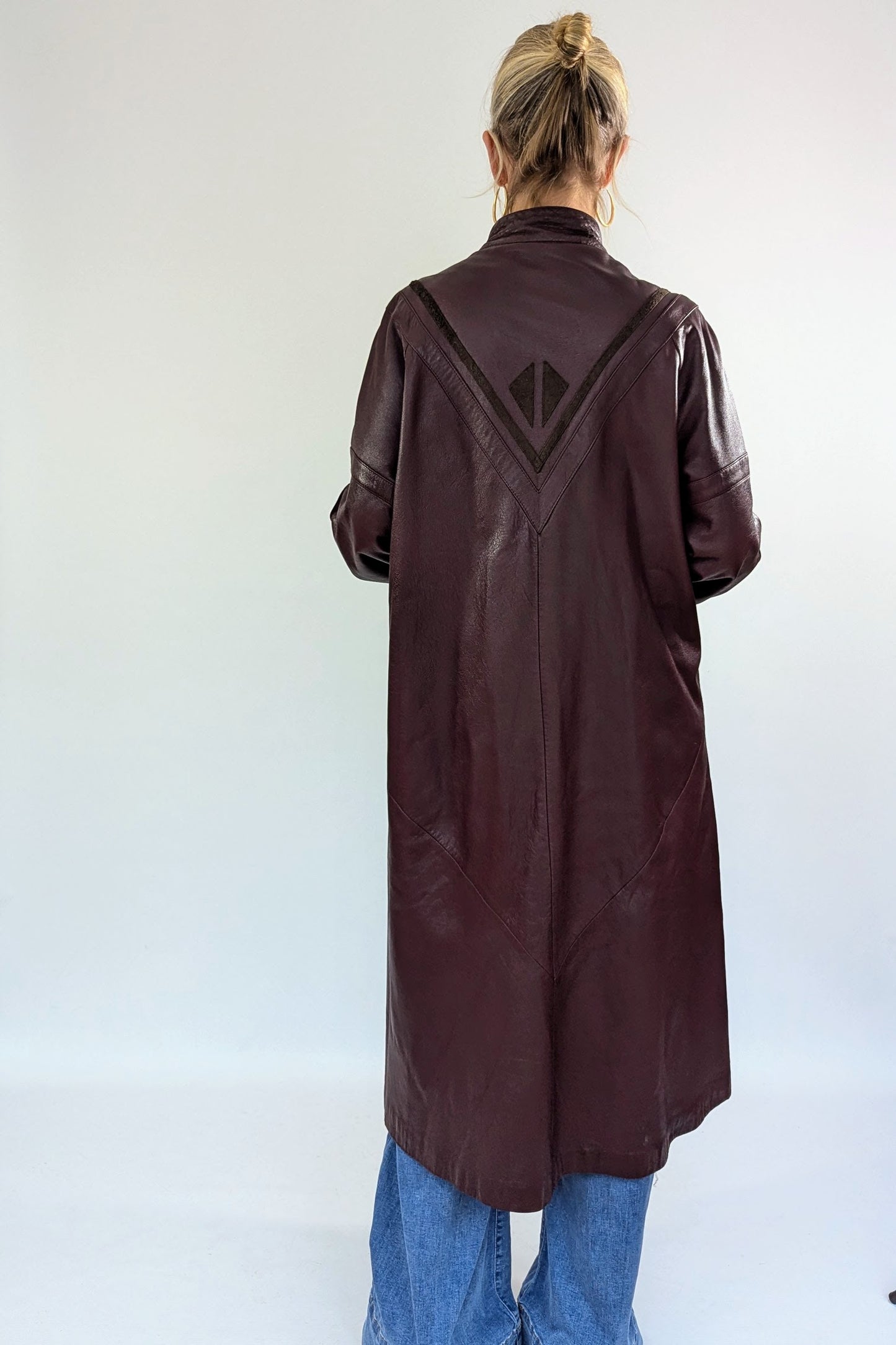 1980s Leather Applique Long Leather Coat