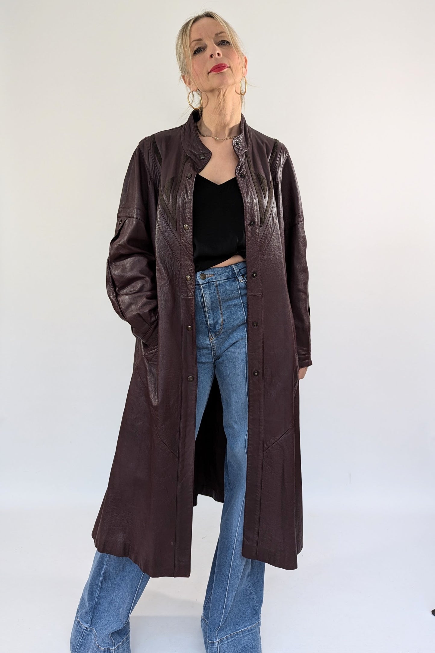 1980s Leather Applique Long Leather Coat