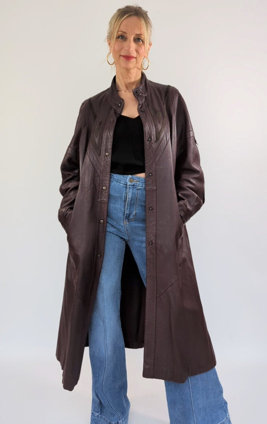 1980s Leather Applique Long Leather Coat