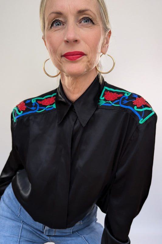 Black Satin Embellished Blouse