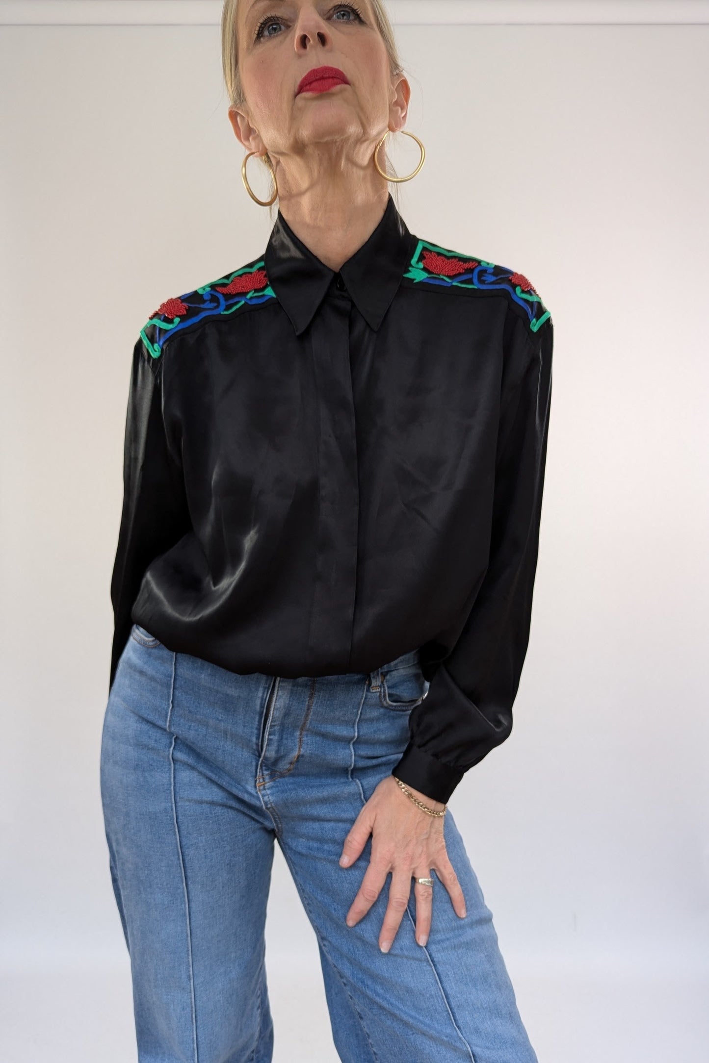 Black Satin Embellished Blouse