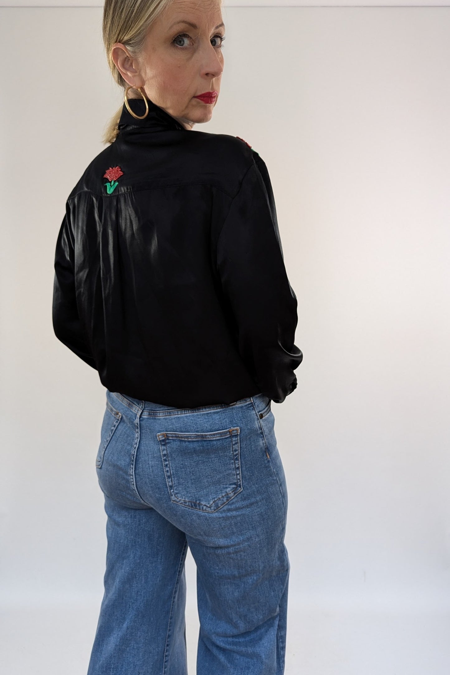 Black Satin Embellished Blouse