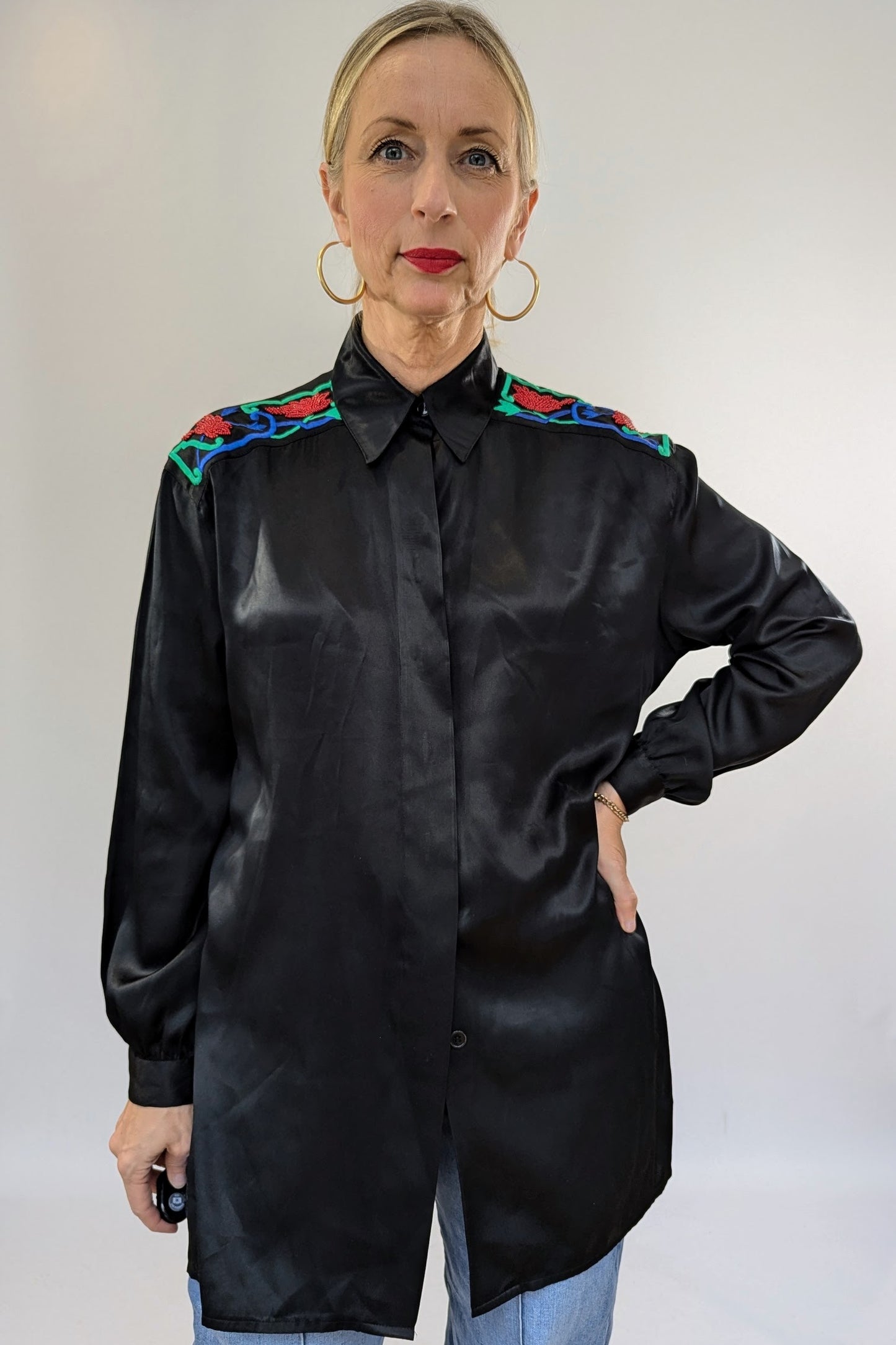 Black Satin Embellished Blouse