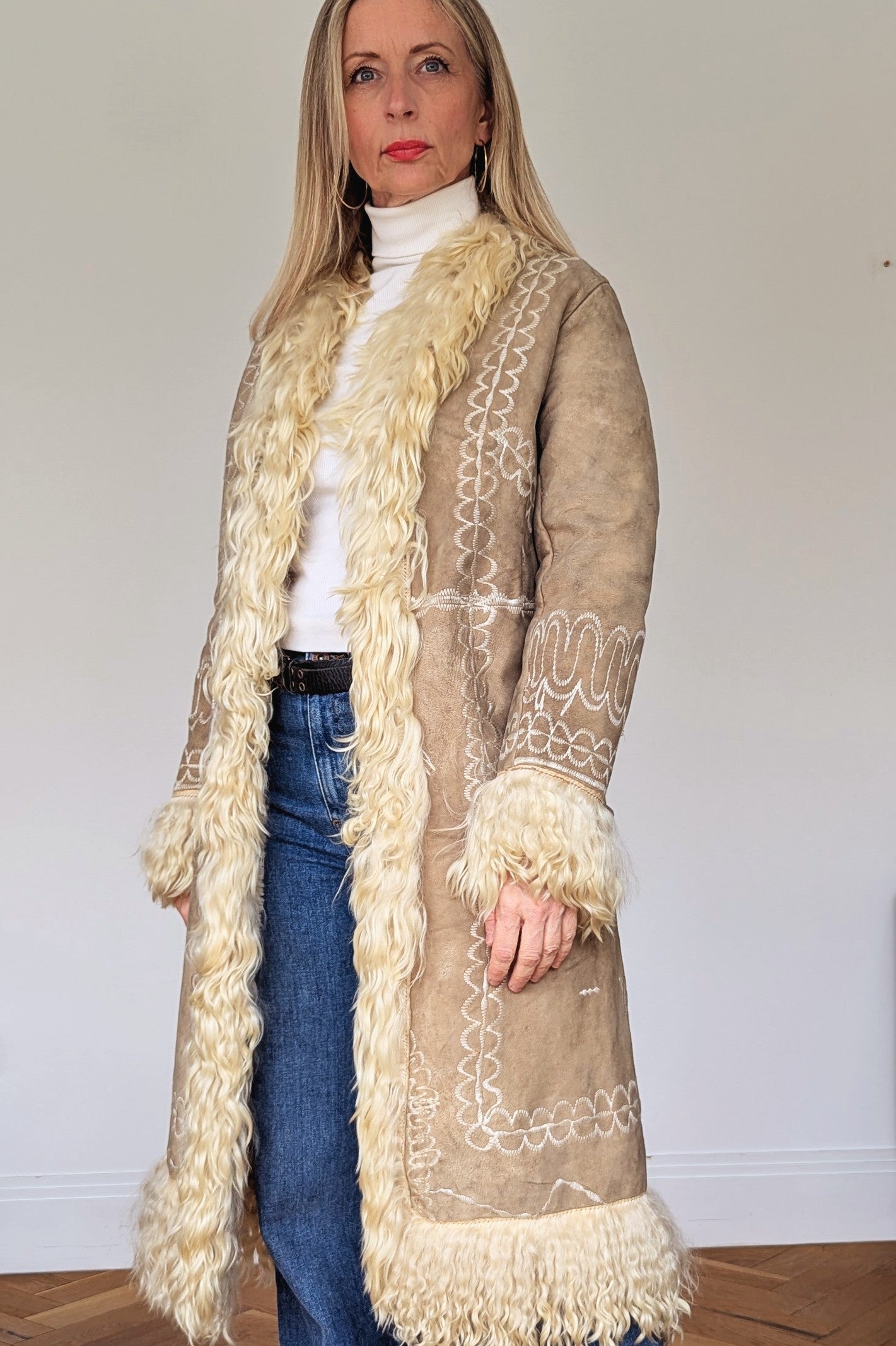 Vintage 1960s Afghan Shearling Embroidered Coat